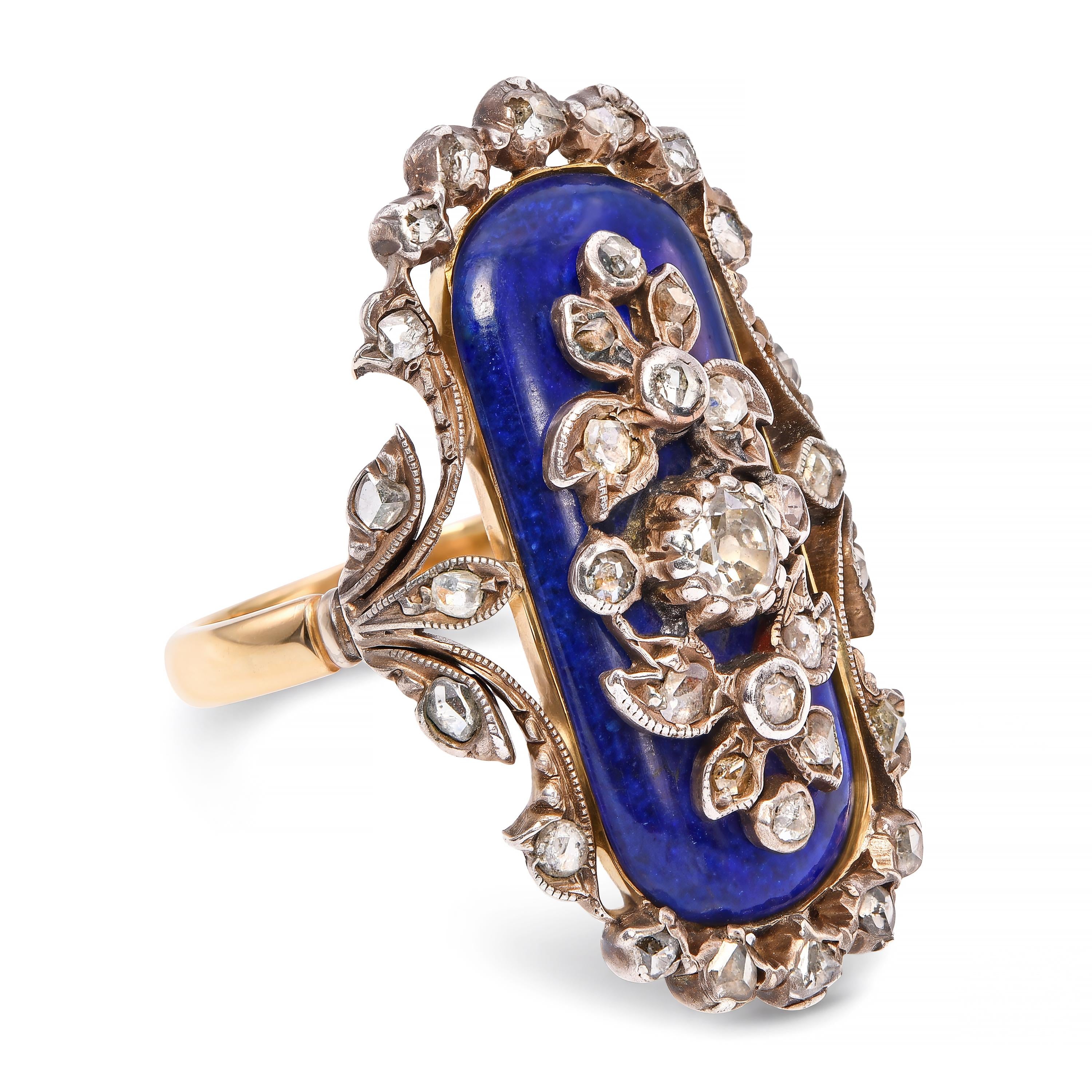 Antique Victorian Silver Topped 18k Yellow Gold Blue Enamel and Diamond Ring