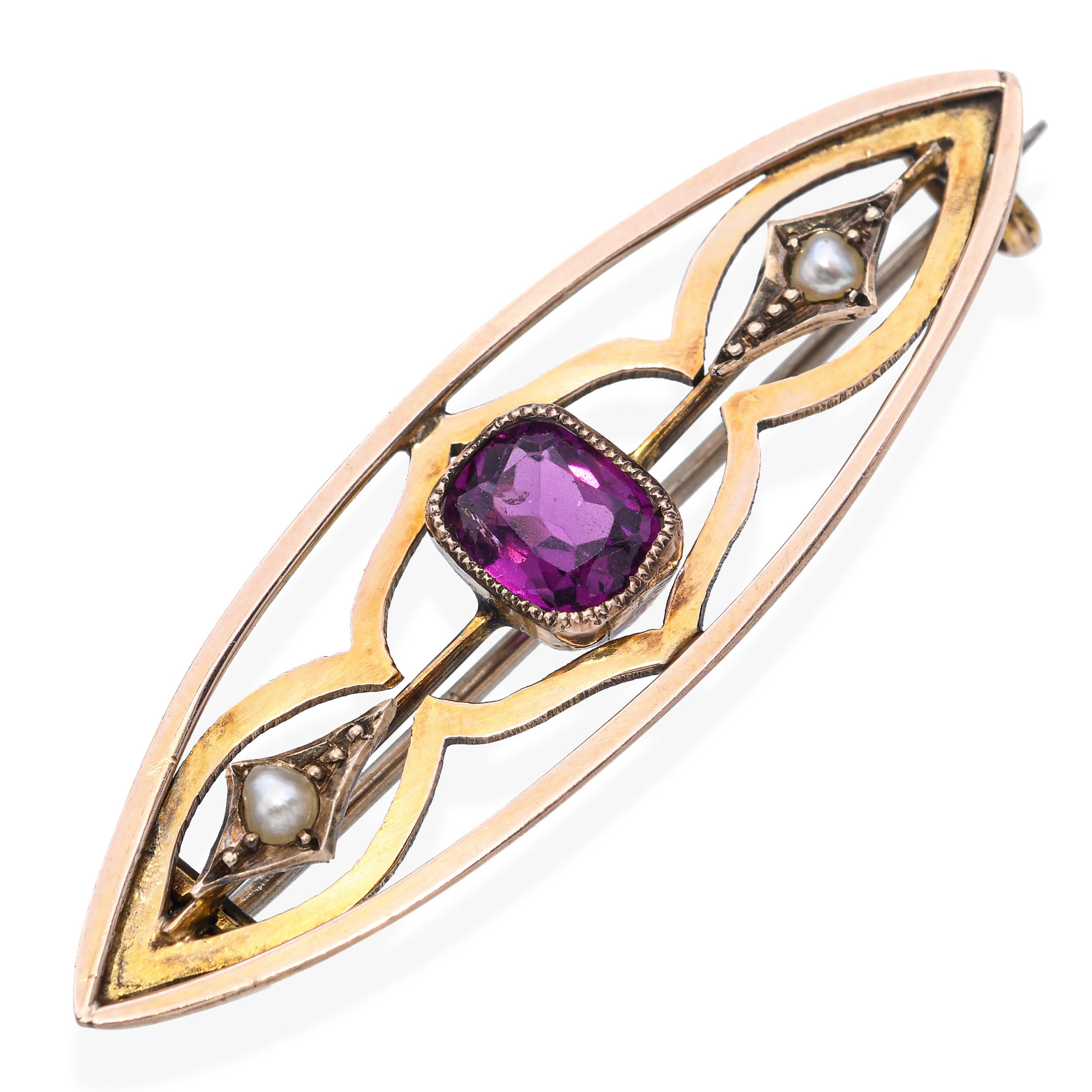 Antique 7k Yellow Gold Rhodolite Garnet and Seed Pearl Bar Brooch