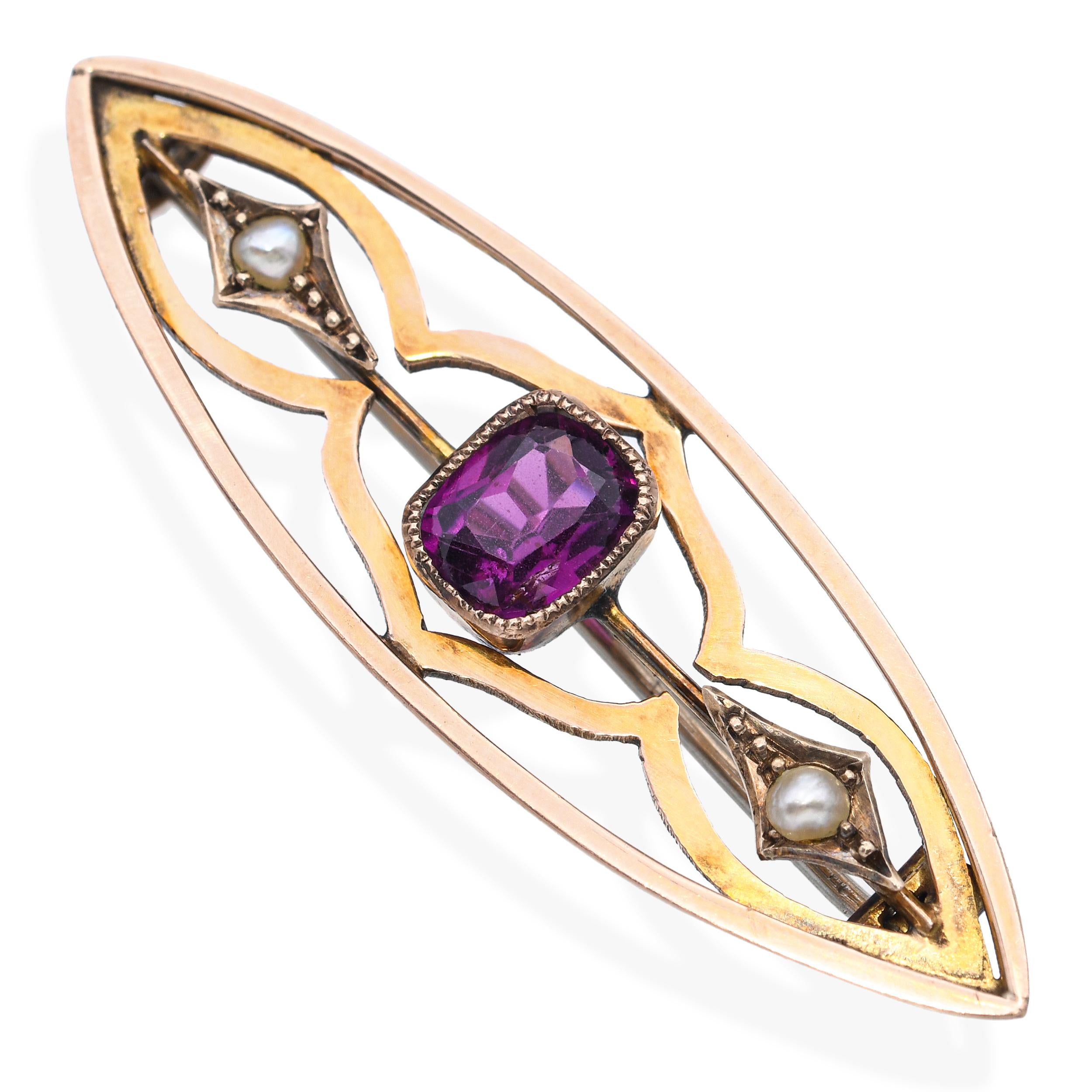 Antique 7k Yellow Gold Rhodolite Garnet and Seed Pearl Bar Brooch