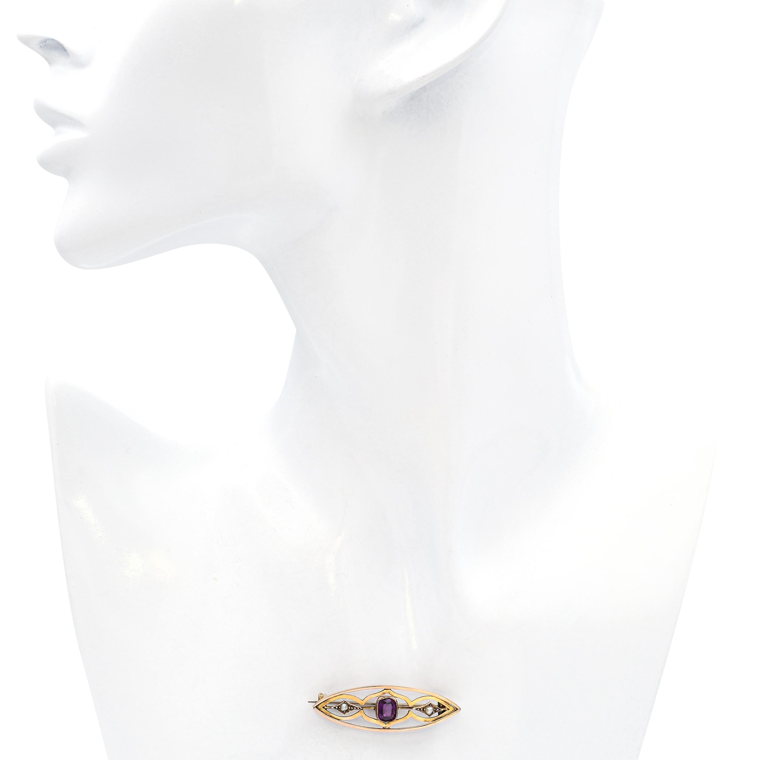 Antique 7k Yellow Gold Rhodolite Garnet and Seed Pearl Bar Brooch