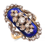 Antique Victorian Silver Topped 18k Yellow Gold Blue Enamel and Diamond Ring