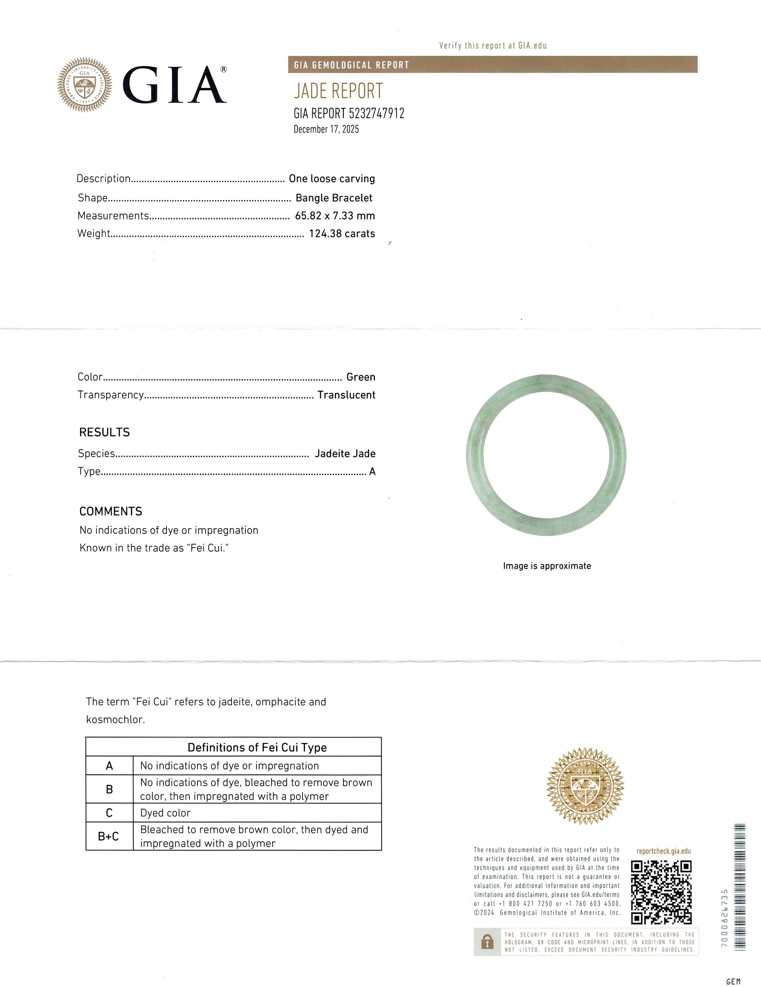 Vintage GIA Grade A Green Jadeite Jade Bangle Bracelet