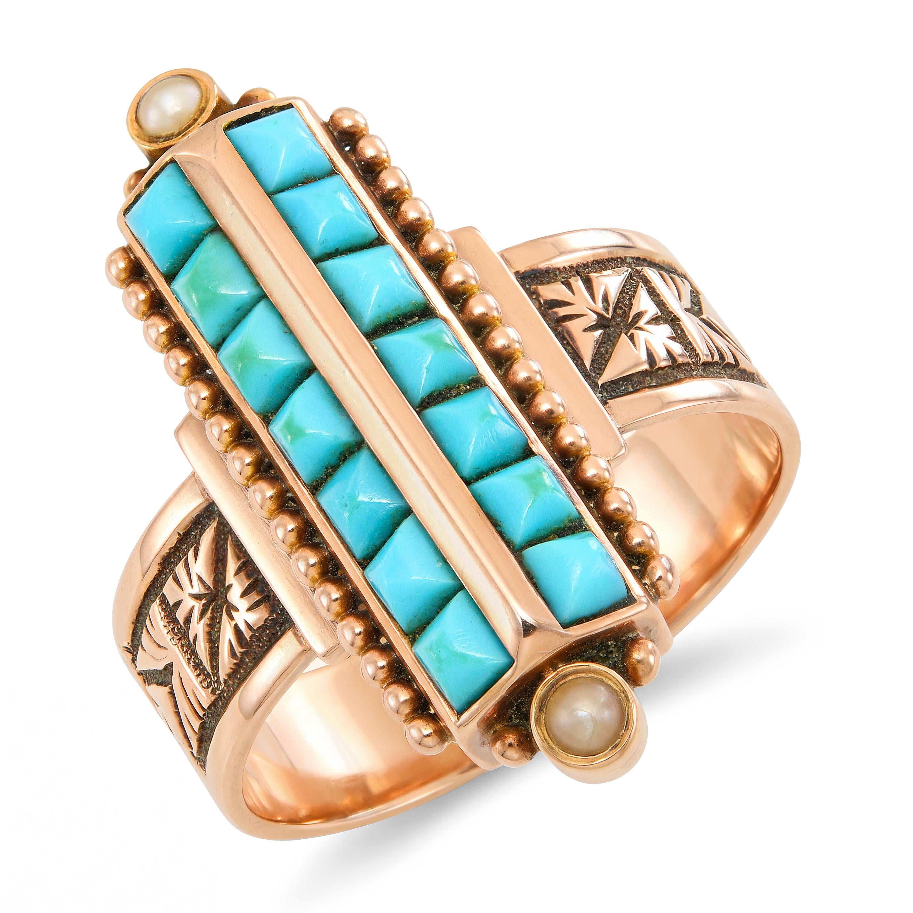 Antique 14k Rose Gold Turquoise and Seed Pearl Ring