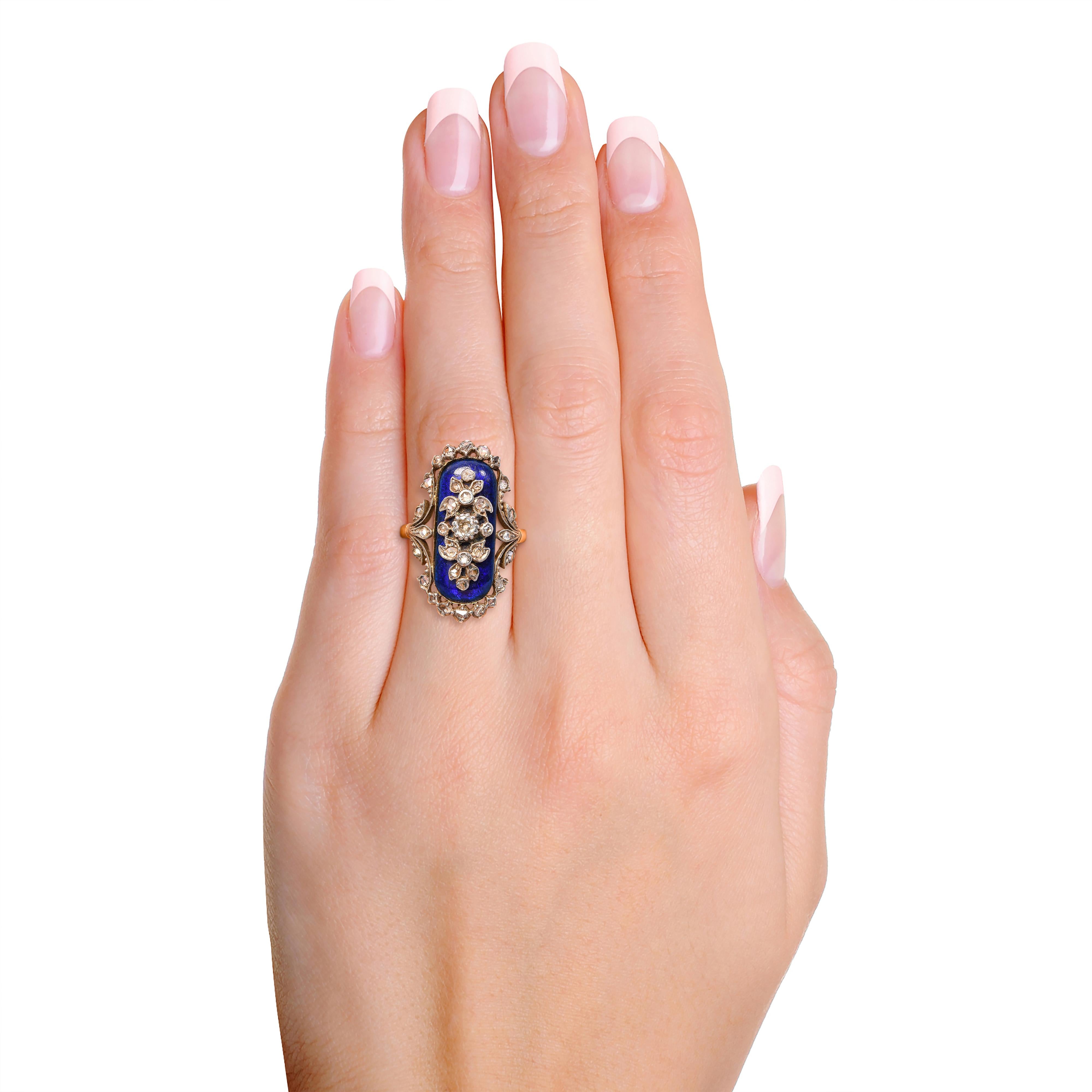 Antique Victorian Silver Topped 18k Yellow Gold Blue Enamel and Diamond Ring