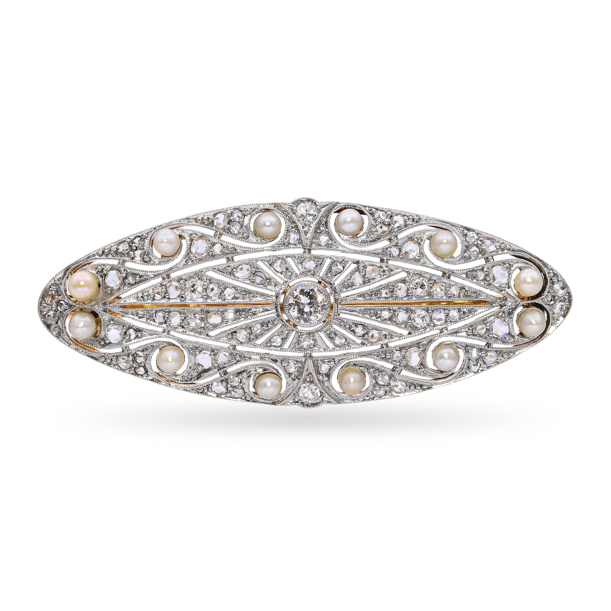 Antique Edwardian Platinum and 18K Yellow Gold Diamond and Pearl Navette Brooch