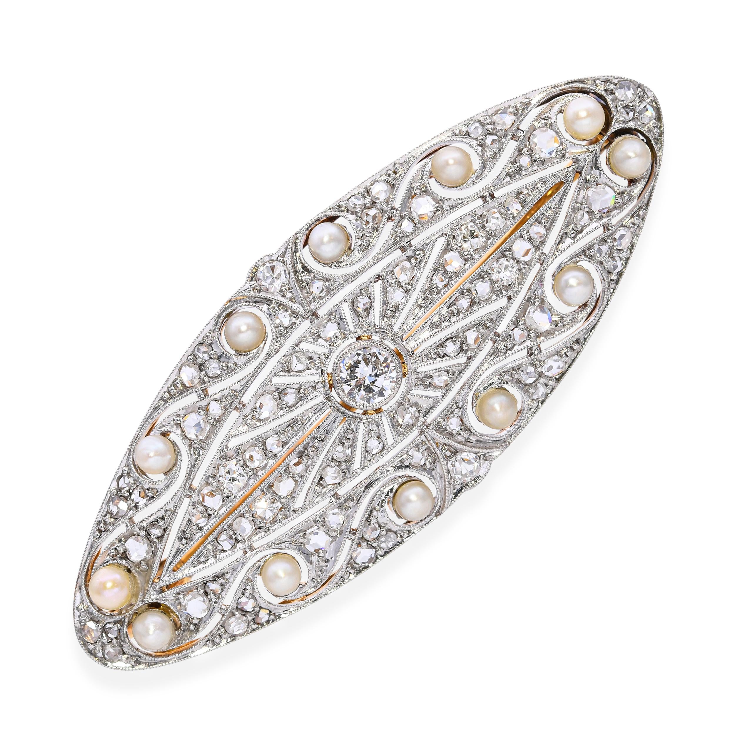 Antique Edwardian Platinum and 18K Yellow Gold Diamond and Pearl Navette Brooch