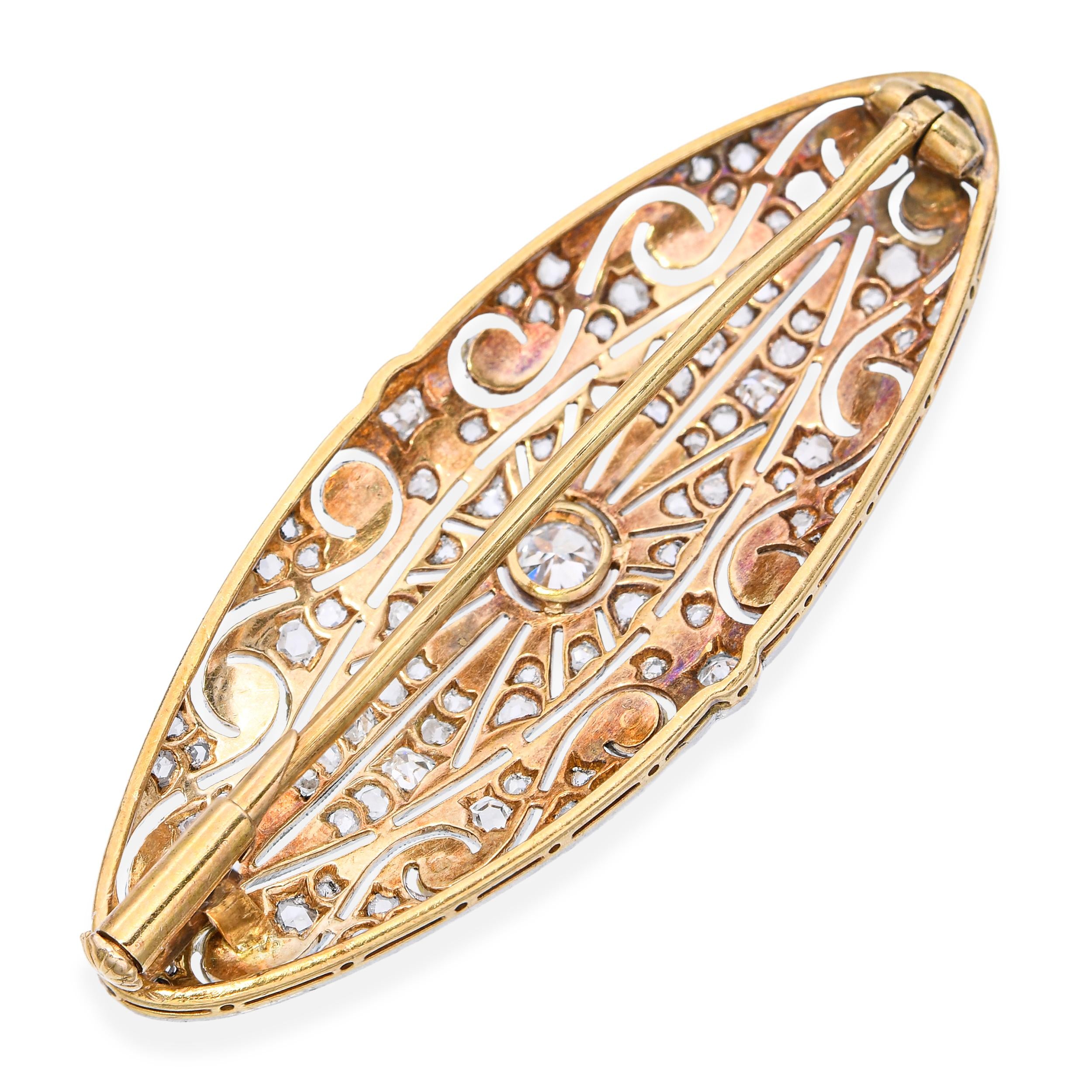 Antique Edwardian Platinum and 18K Yellow Gold Diamond and Pearl Navette Brooch