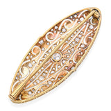 Antique Edwardian Platinum and 18K Yellow Gold Diamond and Pearl Navette Brooch