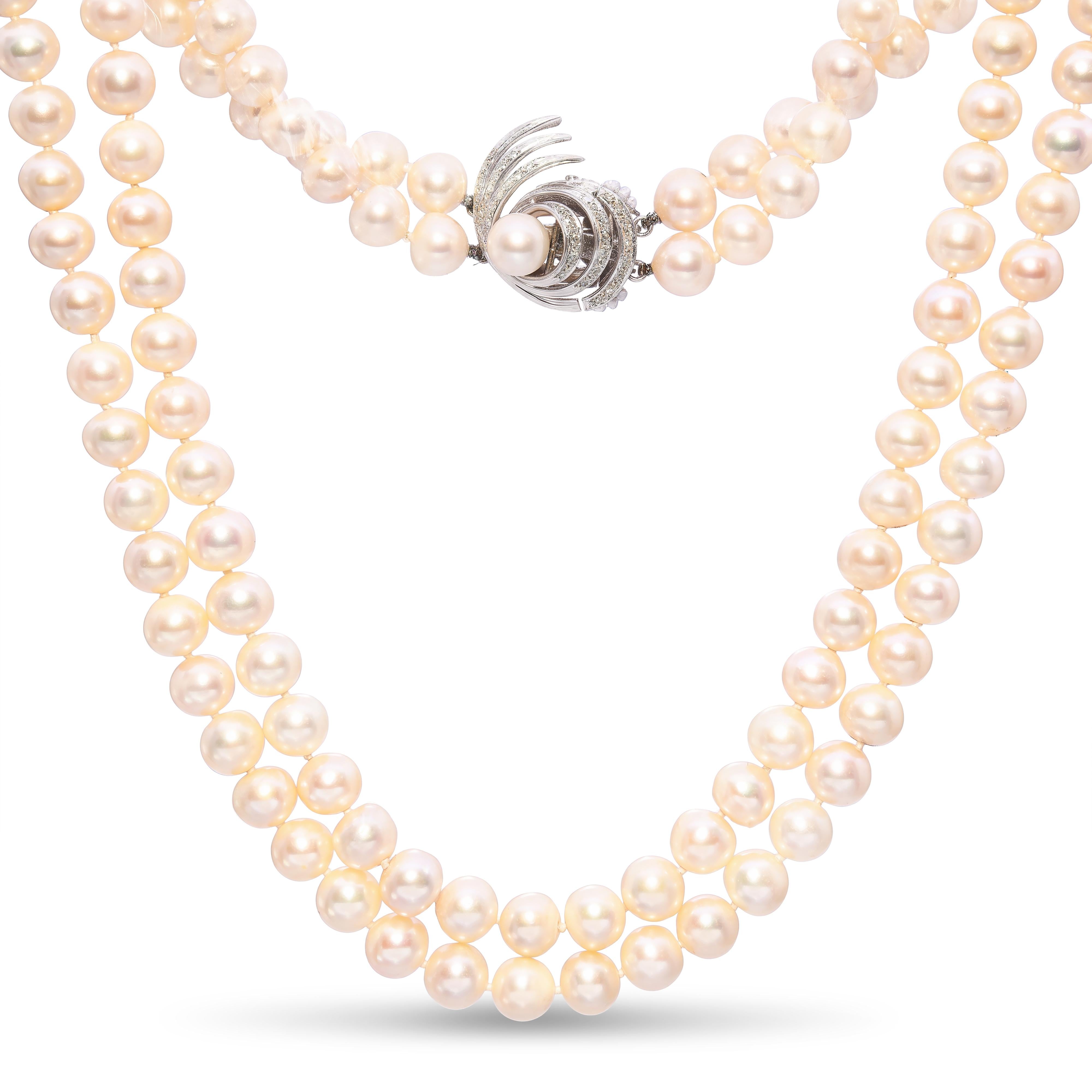 Vintage 13k White Gold and Diamond Pearl Strand Necklace