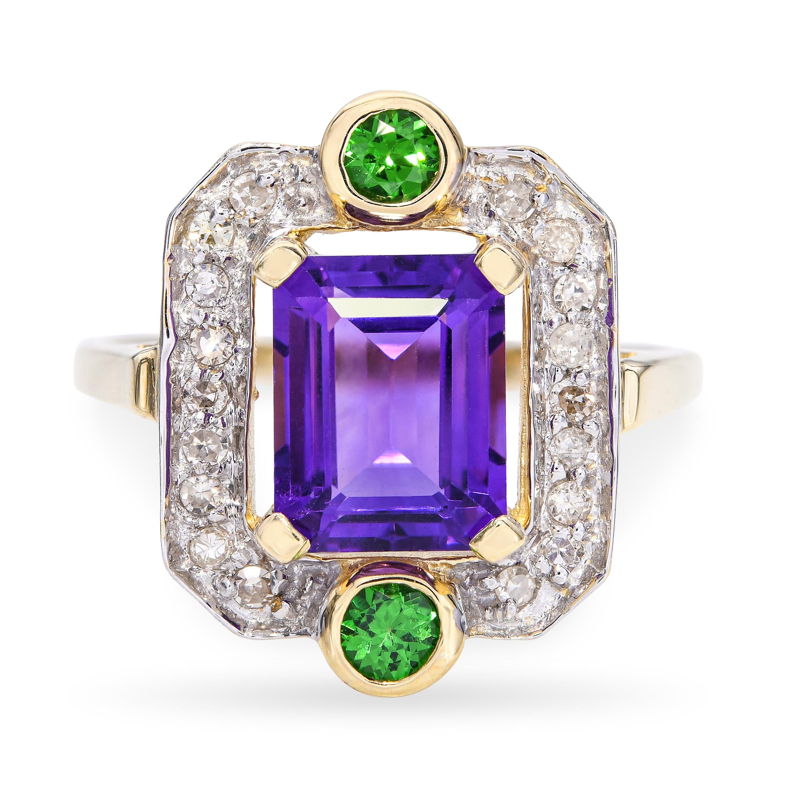 14k Yellow Gold Amethyst Tsavorite & Diamond Ring
