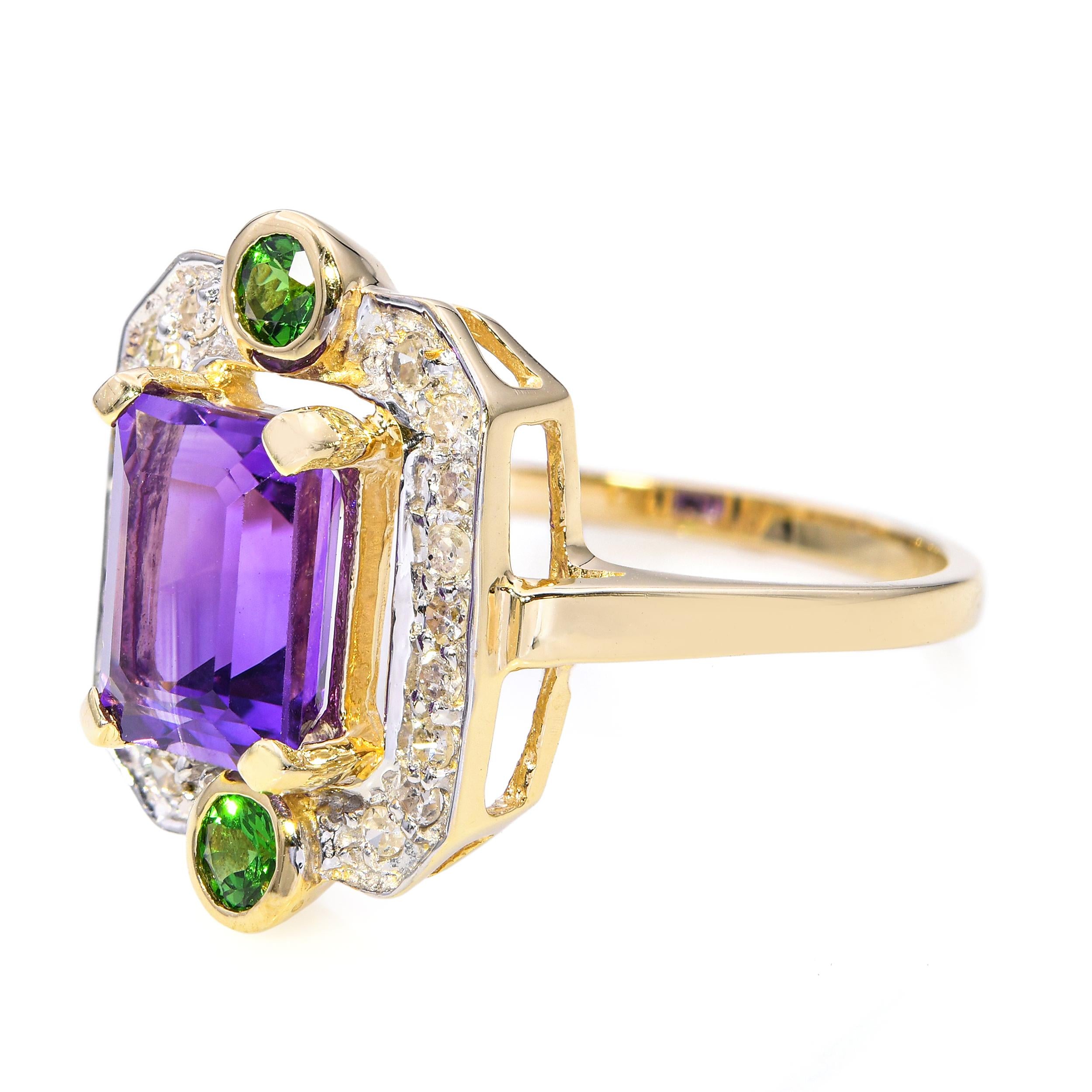 14k Yellow Gold Amethyst Tsavorite & Diamond Ring
