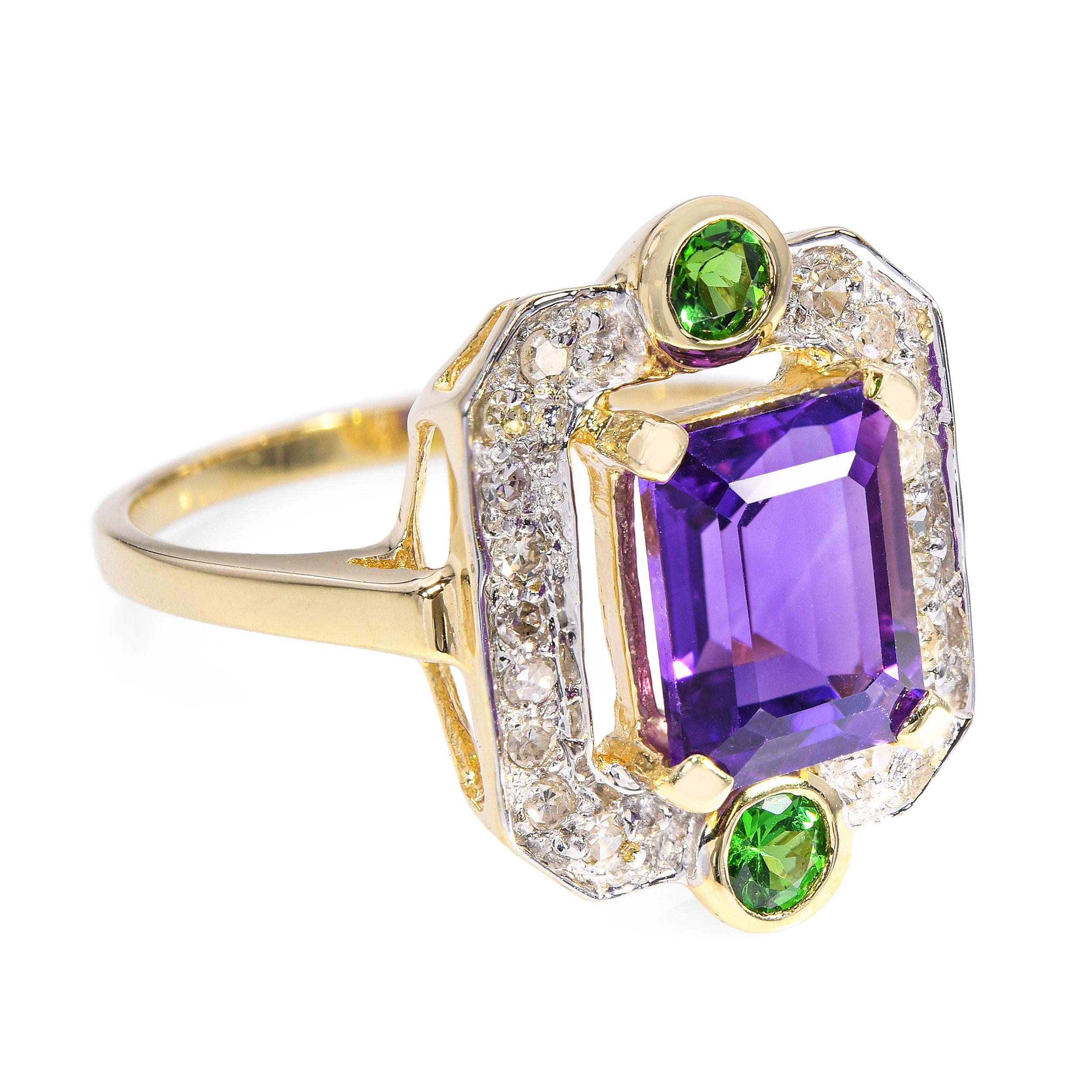 14k Yellow Gold Amethyst Tsavorite & Diamond Ring