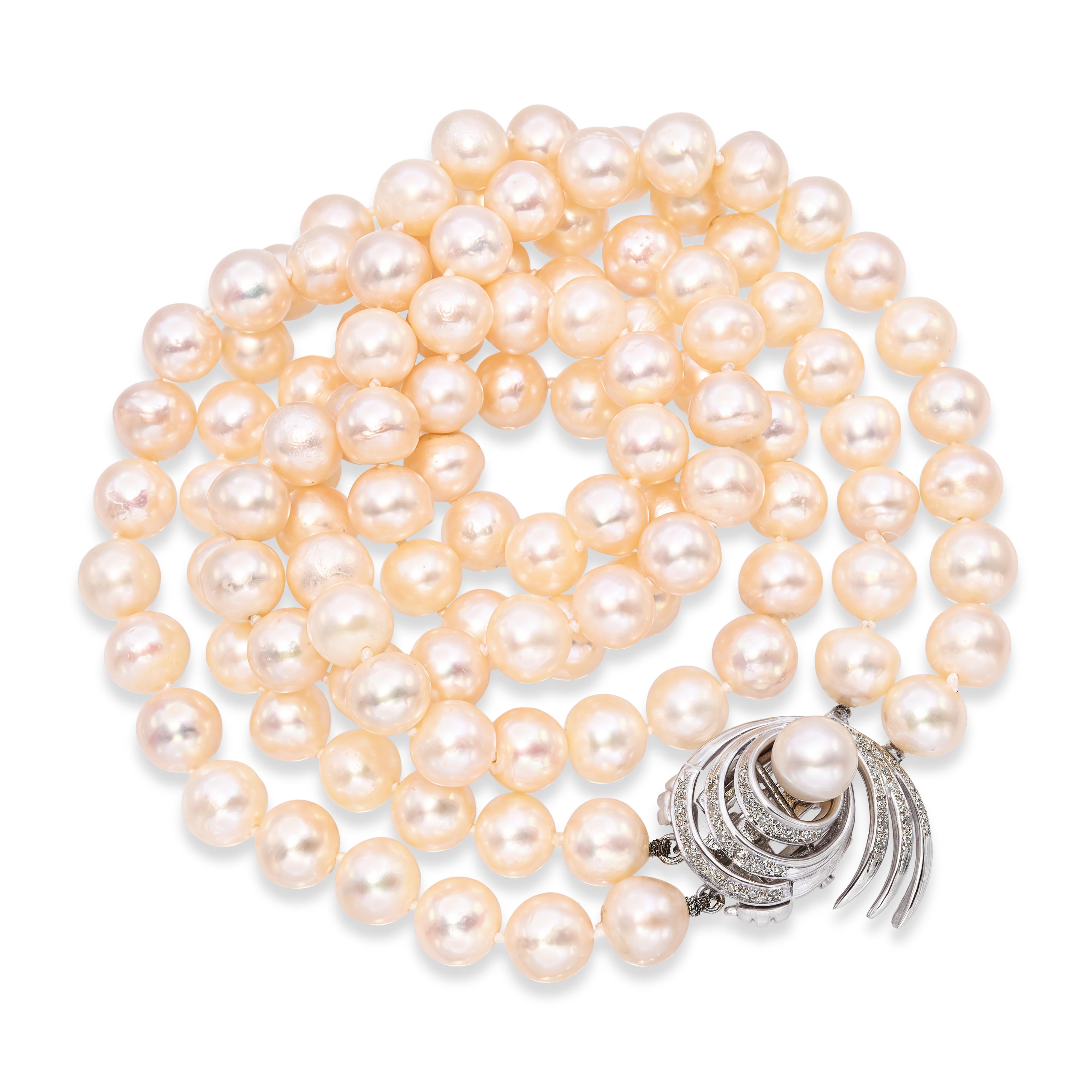 Vintage 13k White Gold and Diamond Pearl Strand Necklace