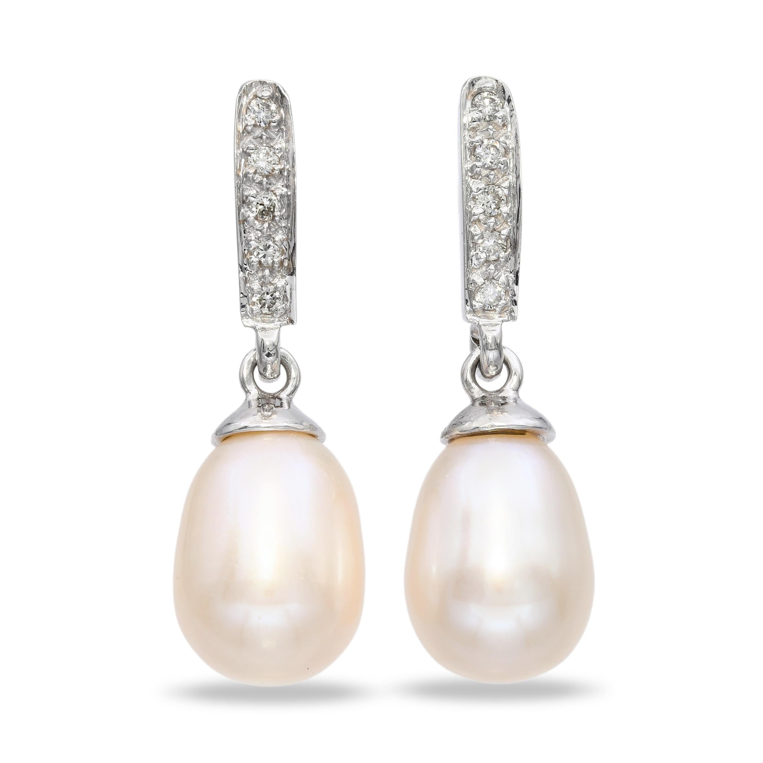 14K White Gold Diamond Pearl Drop Earrings