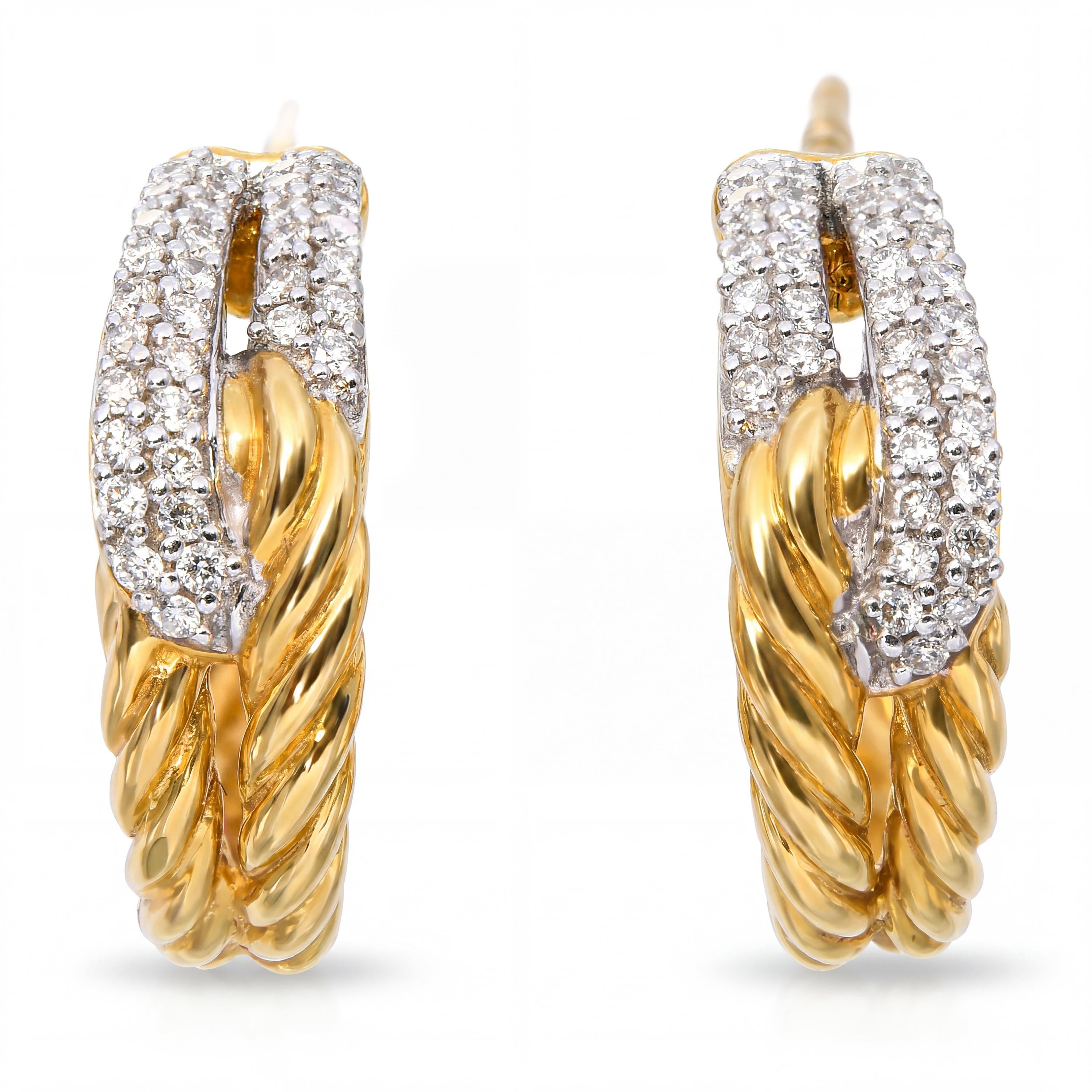 David Yurman 18k Yellow Gold Diamond Cable Hoop Earrings