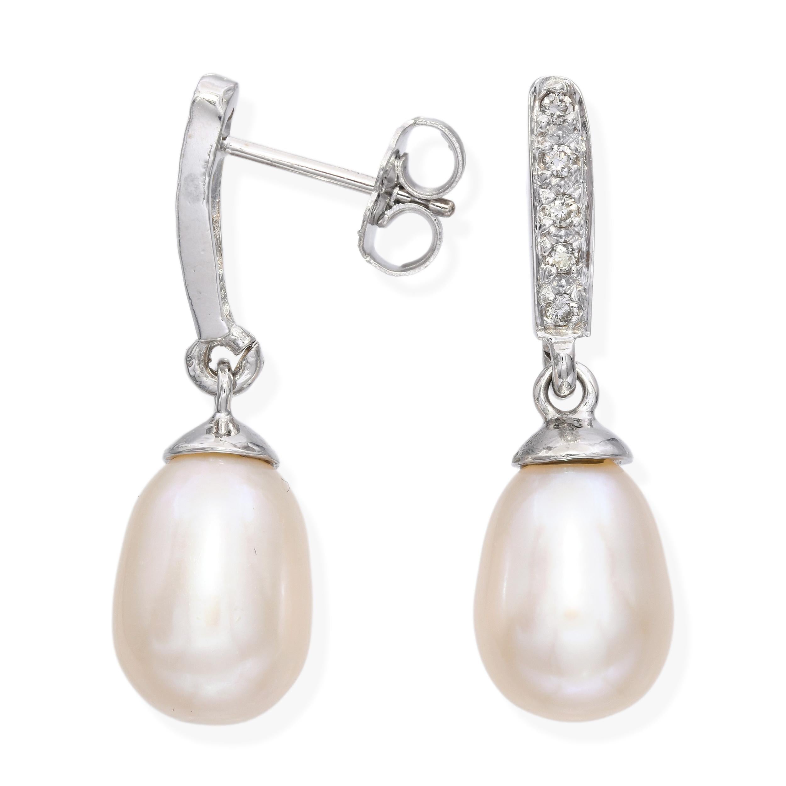 14K White Gold Diamond Pearl Drop Earrings