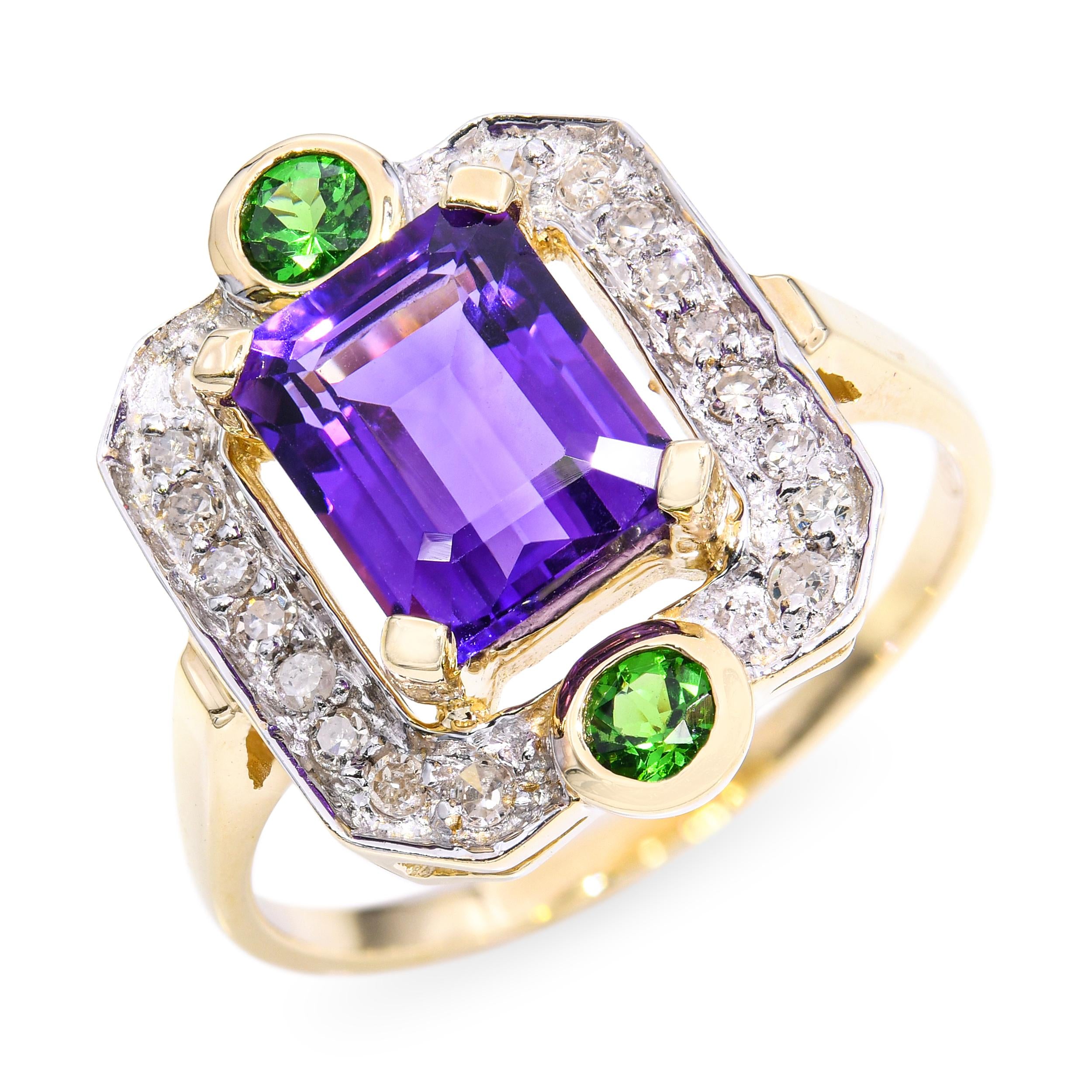 14k Yellow Gold Amethyst Tsavorite & Diamond Ring