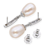 14K White Gold Diamond Pearl Drop Earrings