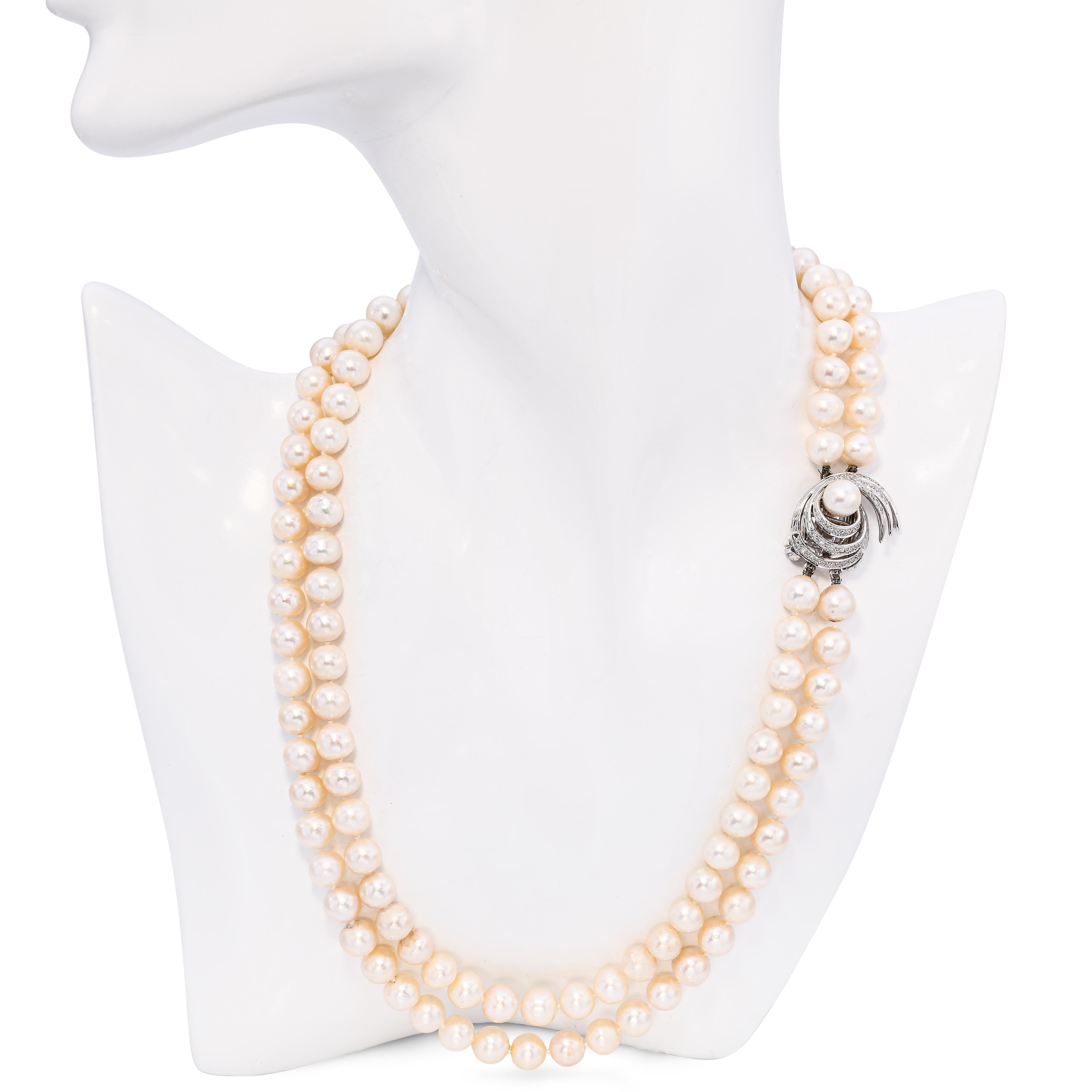 Vintage 13k White Gold and Diamond Pearl Strand Necklace