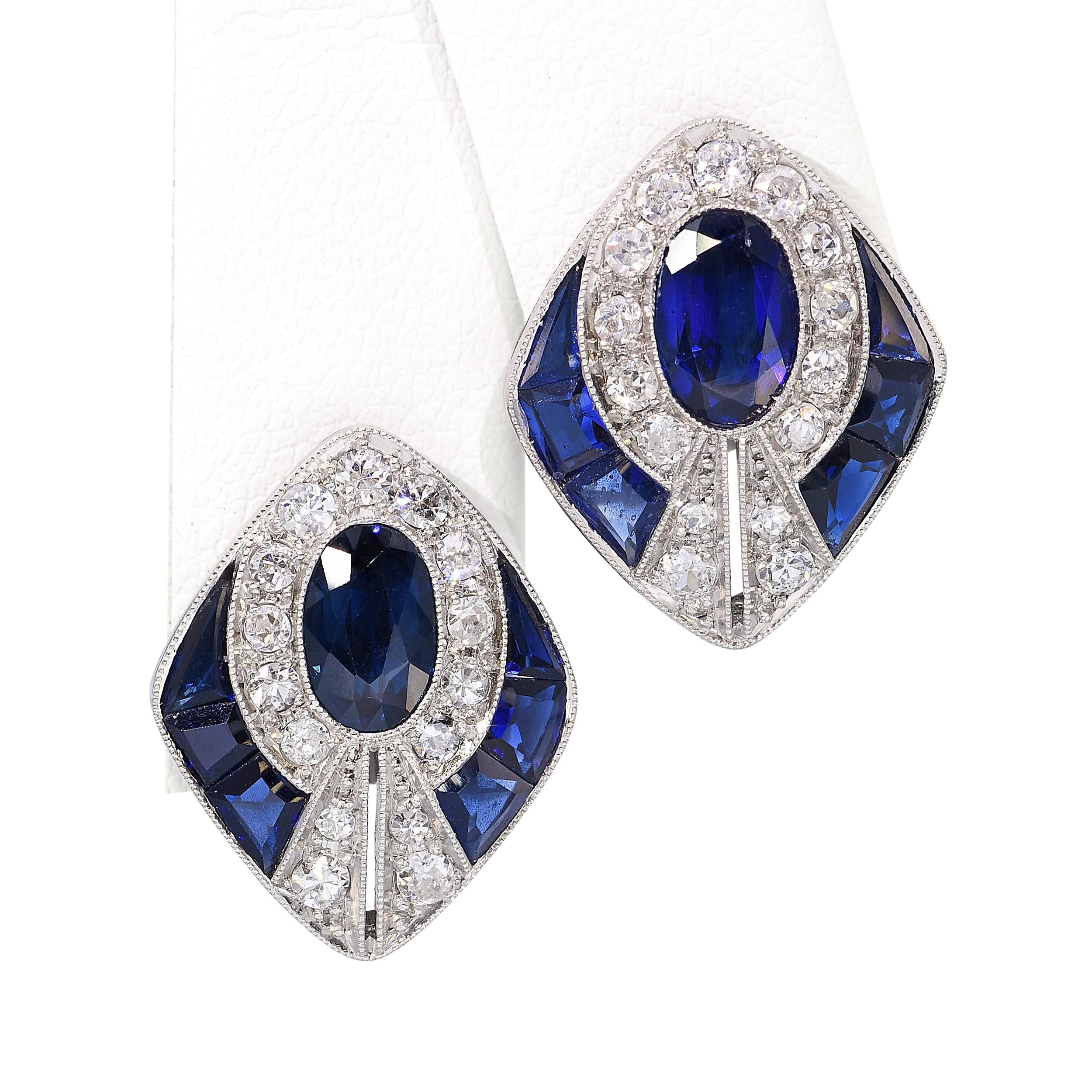 Vintage 14k White Gold 3.05tcw Sapphire and Diamond Earrings
