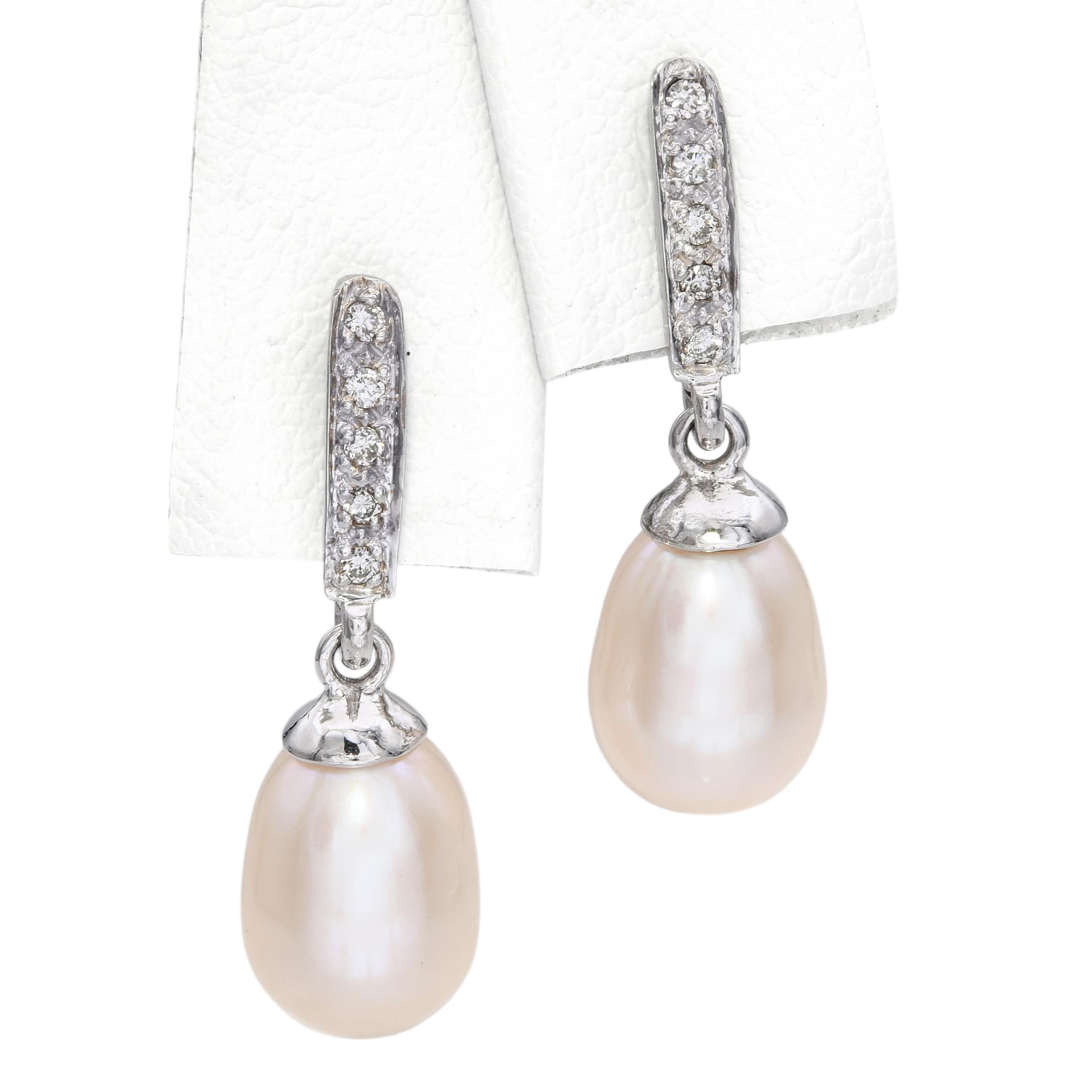 14K White Gold Diamond Pearl Drop Earrings