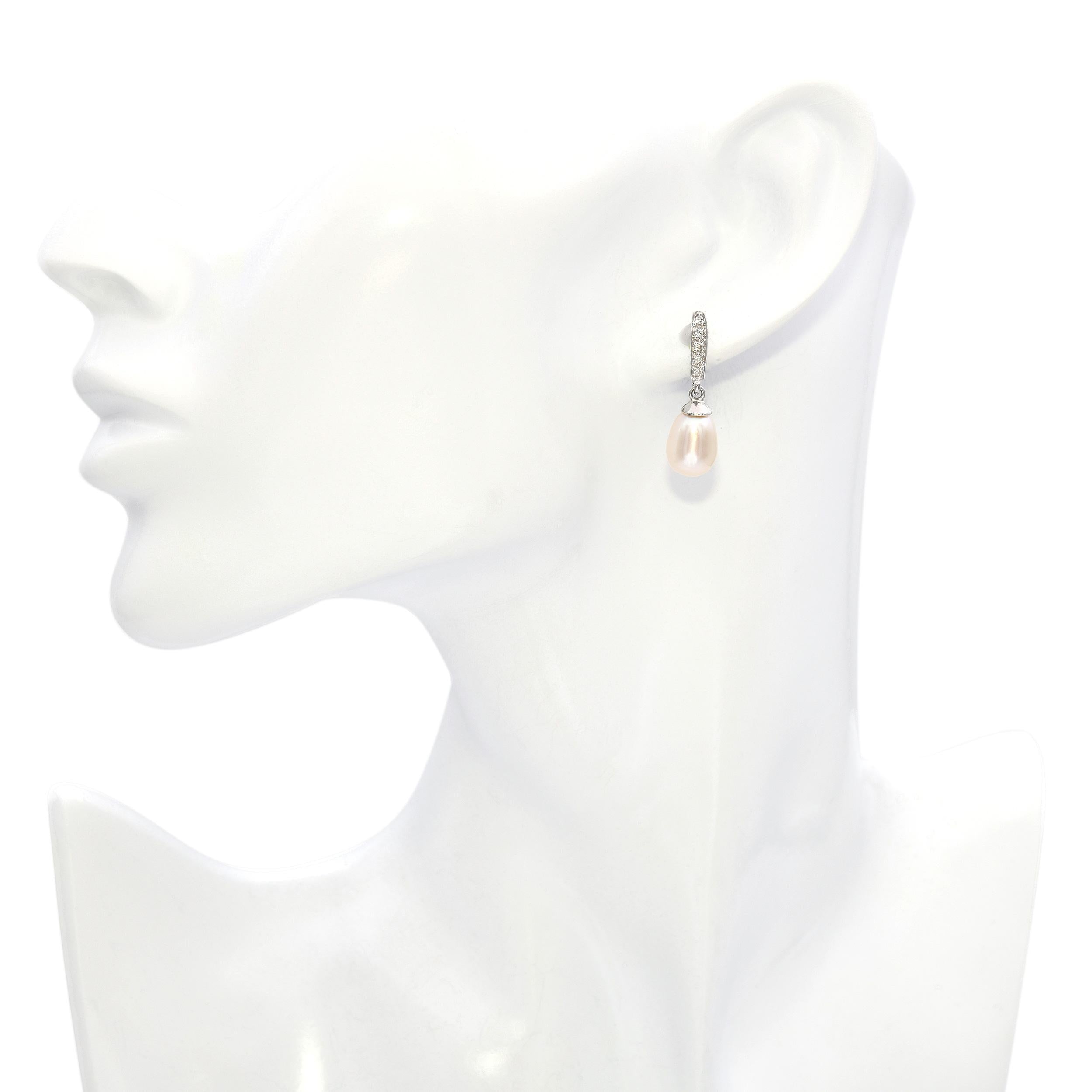14K White Gold Diamond Pearl Drop Earrings