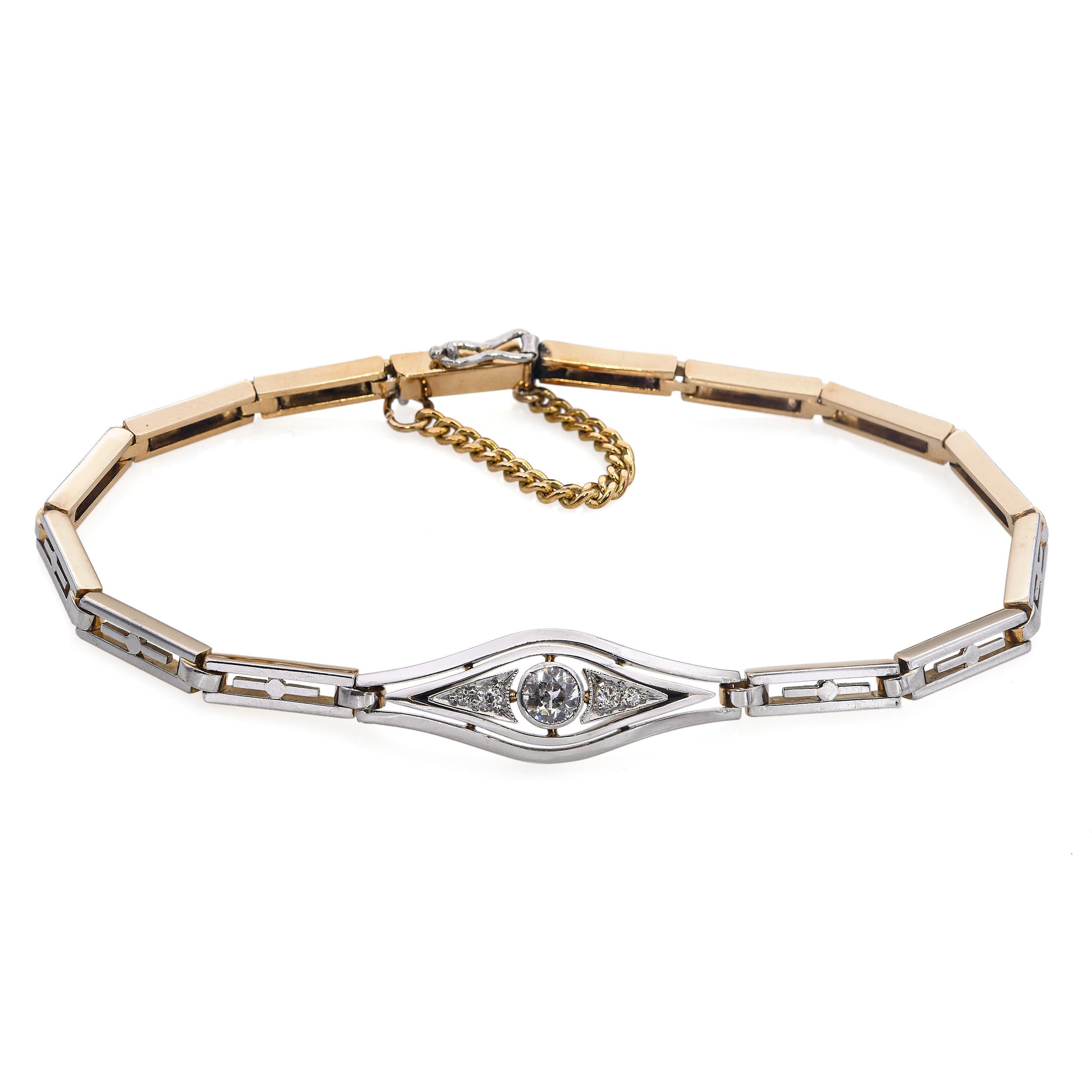 Vintage 14k Yellow Gold & Platinum Old Euro Diamond Bracelet