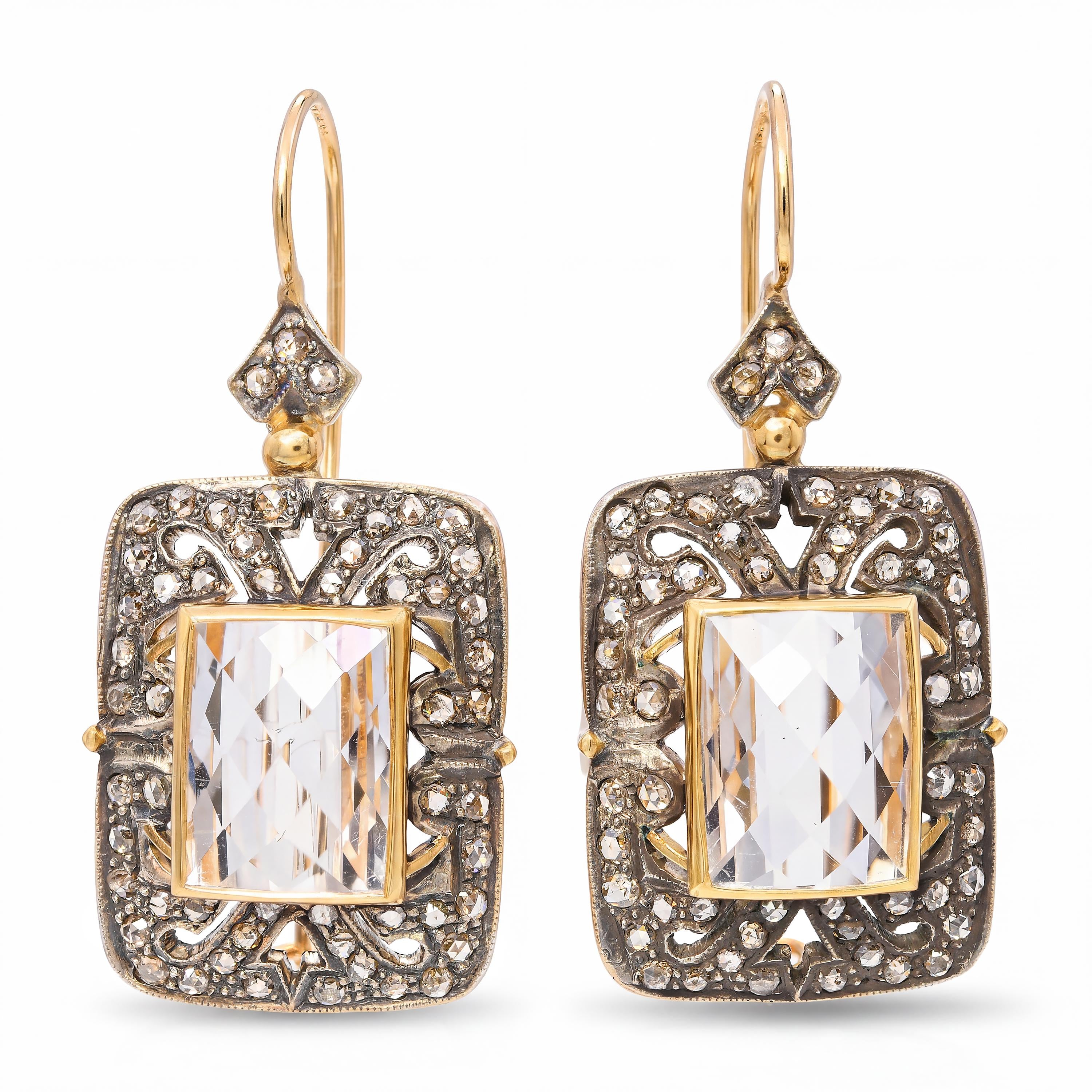Vintage Silver Topped 14K Gold Quartz and Rose Cut Diamond Earrings