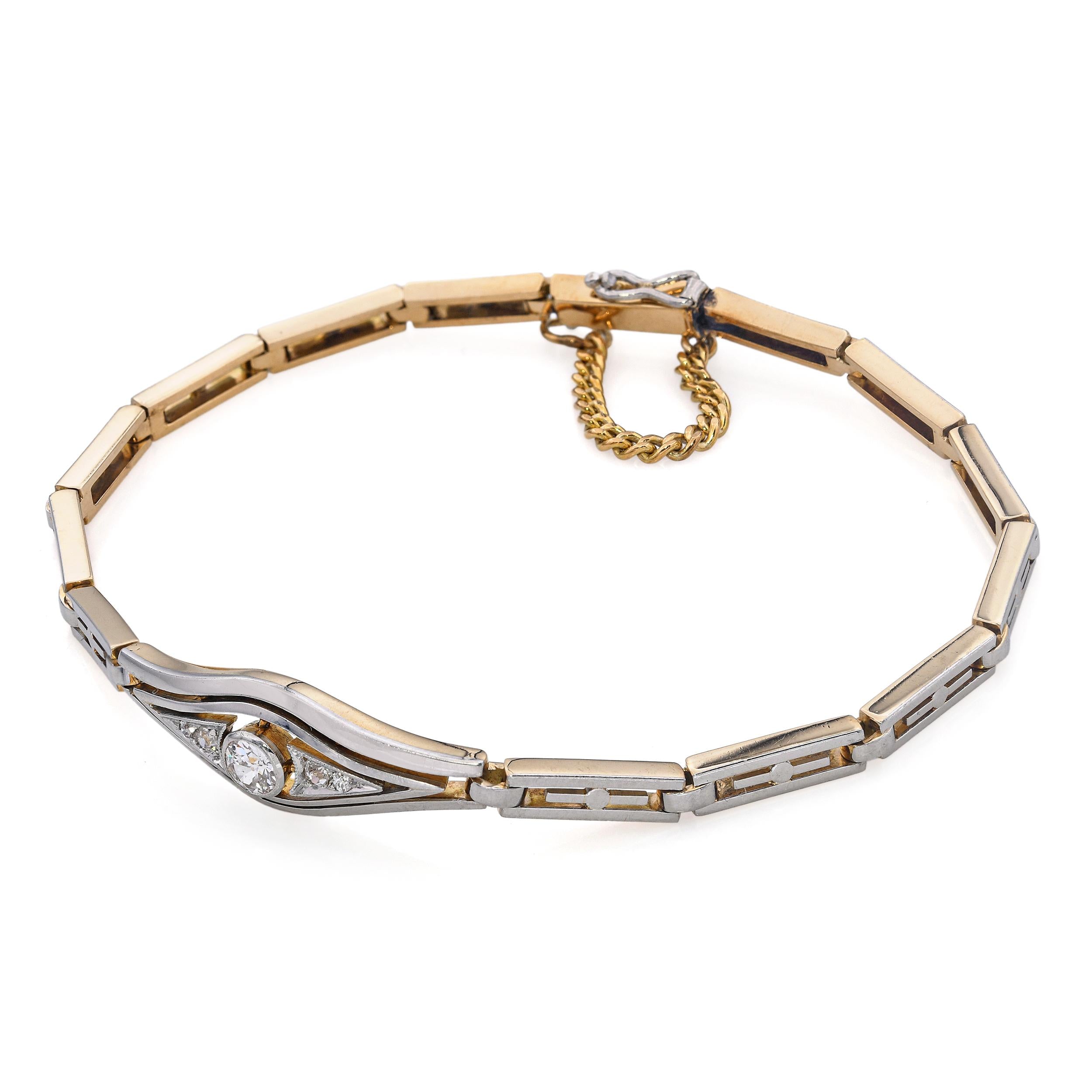 Vintage 14k Yellow Gold & Platinum Old Euro Diamond Bracelet