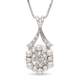 Vintage 14k White Gold Diamond and Pearl Pendant on 18” Chain Necklace