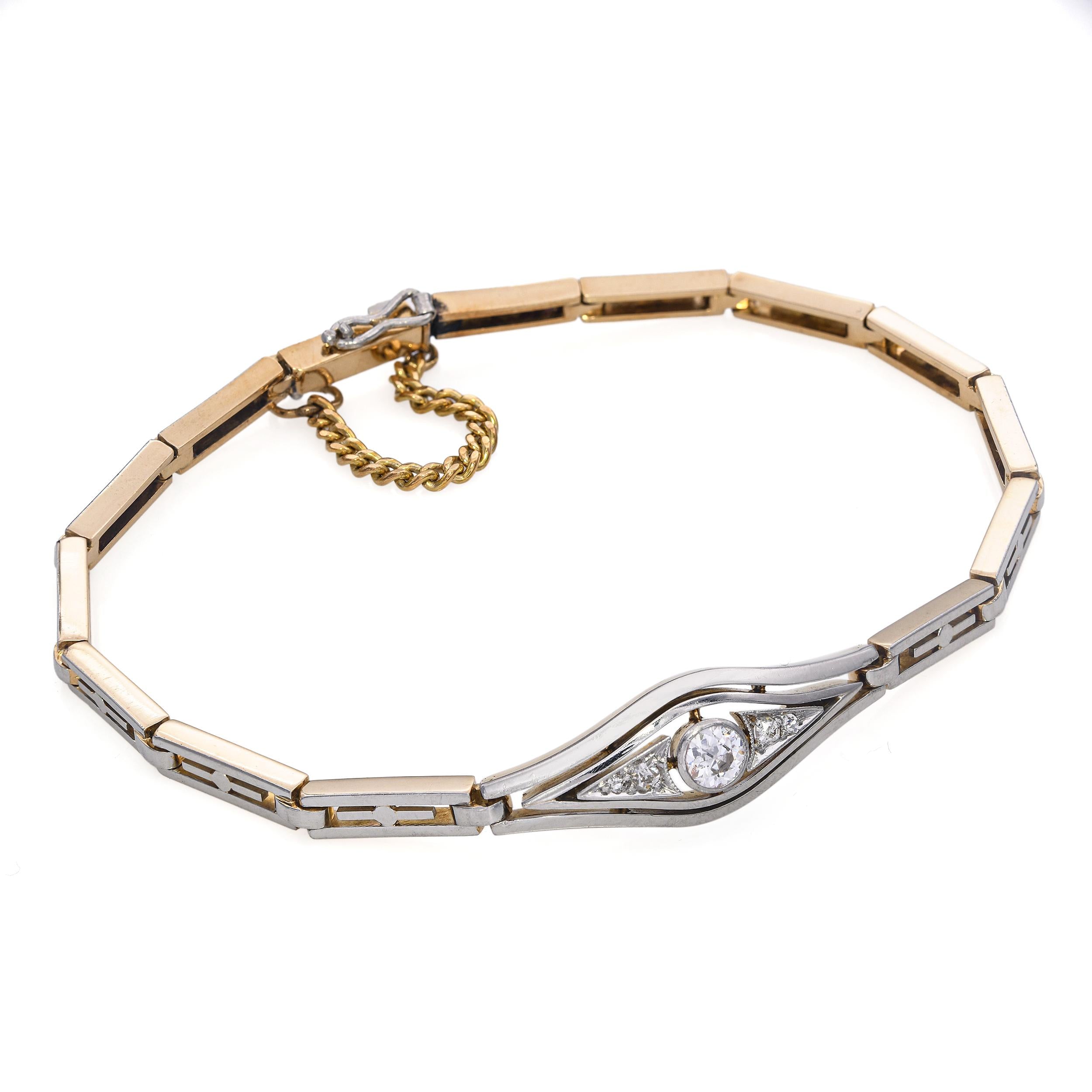 Vintage 14k Yellow Gold & Platinum Old Euro Diamond Bracelet