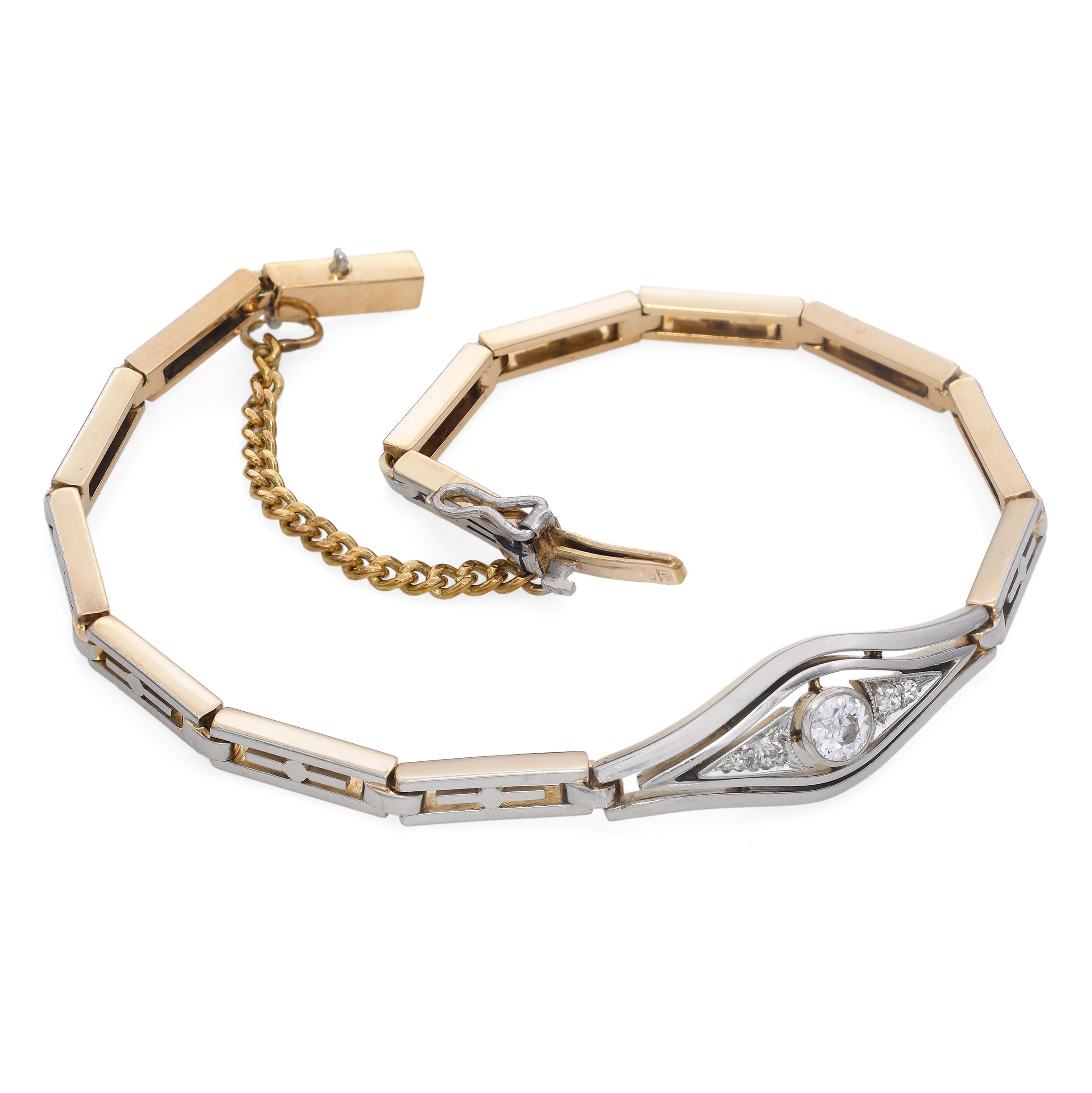 Vintage 14k Yellow Gold & Platinum Old Euro Diamond Bracelet