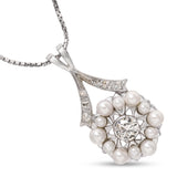 Vintage 14k White Gold Diamond and Pearl Pendant on 18” Chain Necklace