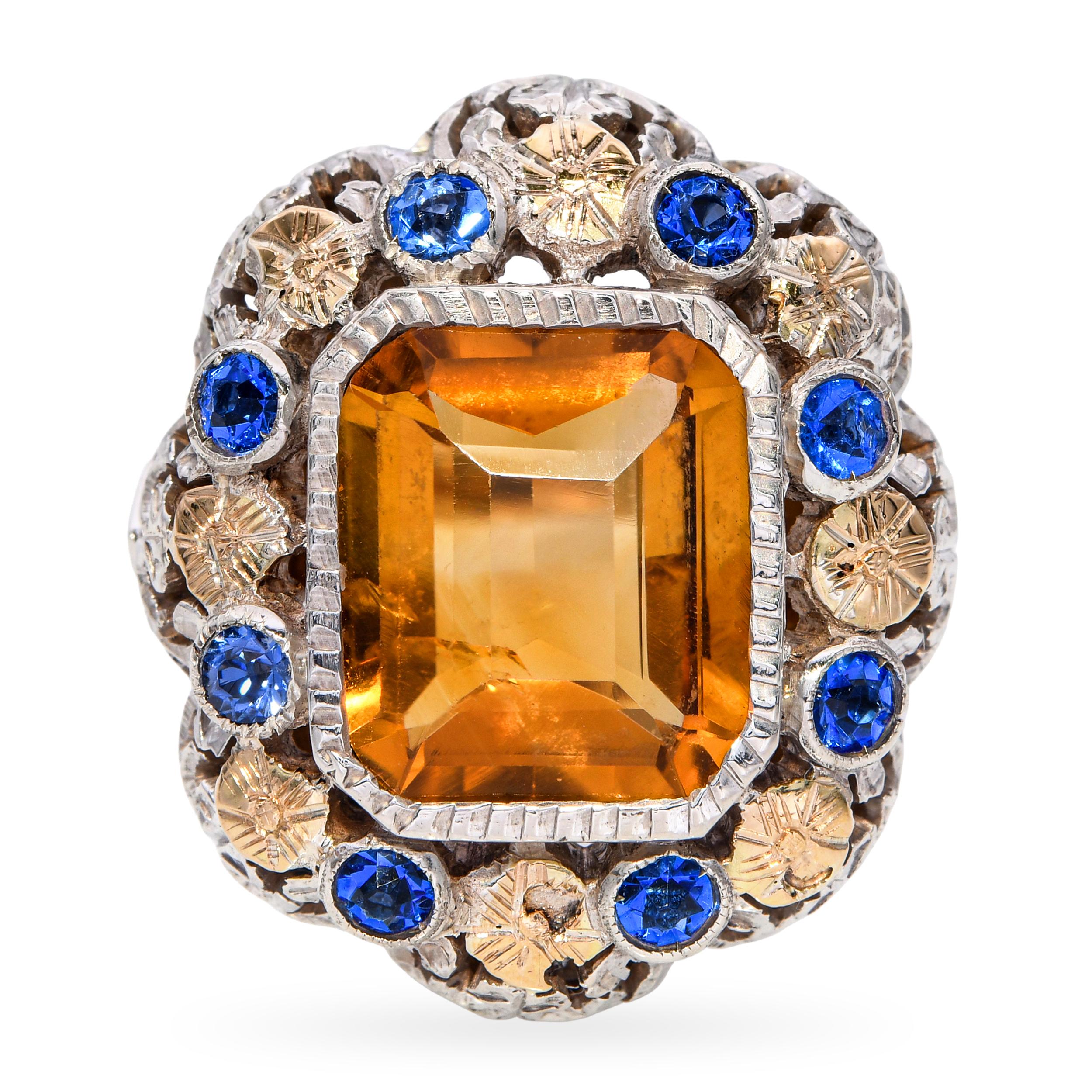 Antique Victorian 18k Yellow Gold and Silver Citrine and Paste Cocktail Ring