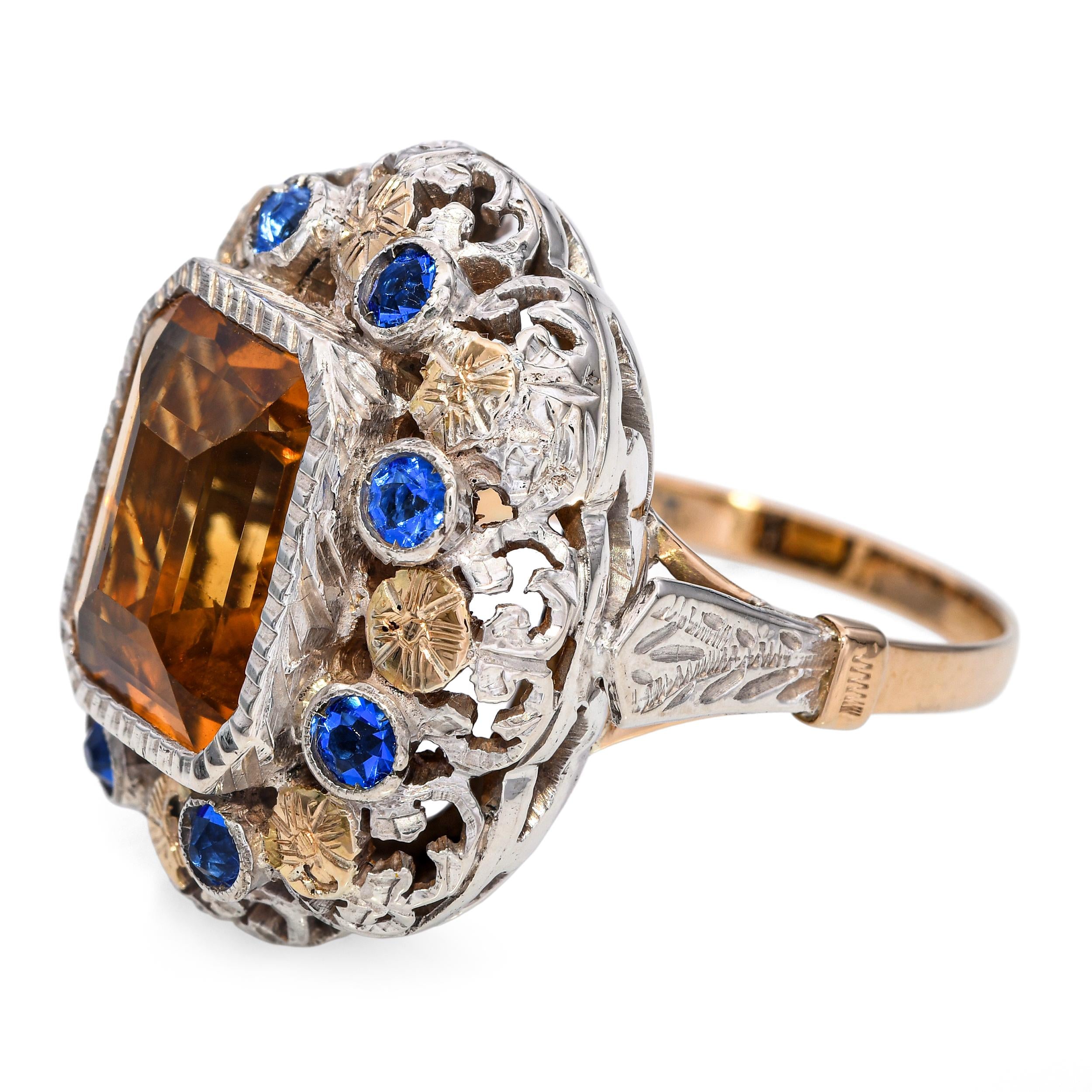 Antique Victorian 18k Yellow Gold and Silver Citrine and Paste Cocktail Ring