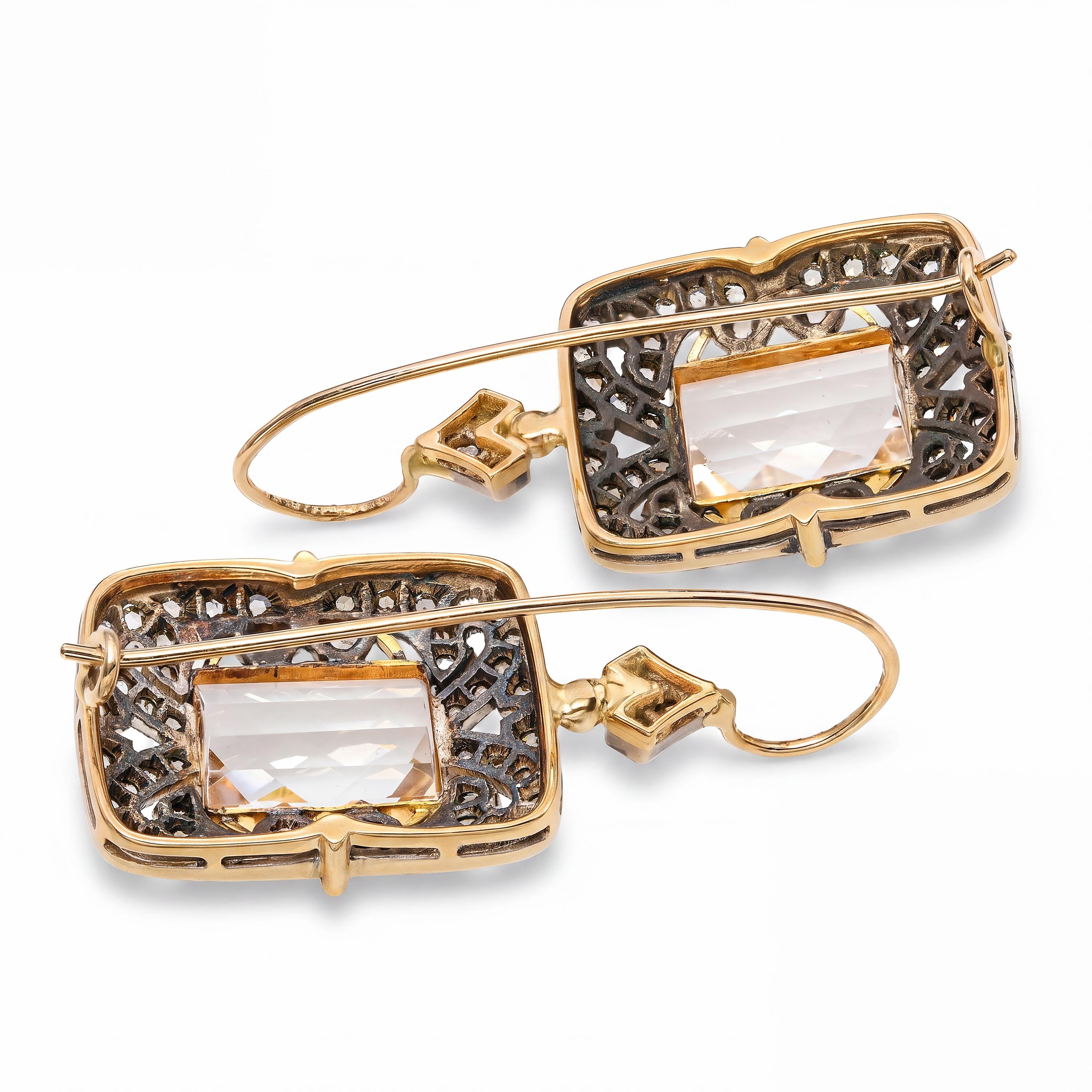 Vintage Silver Topped 14K Gold Quartz and Rose Cut Diamond Earrings