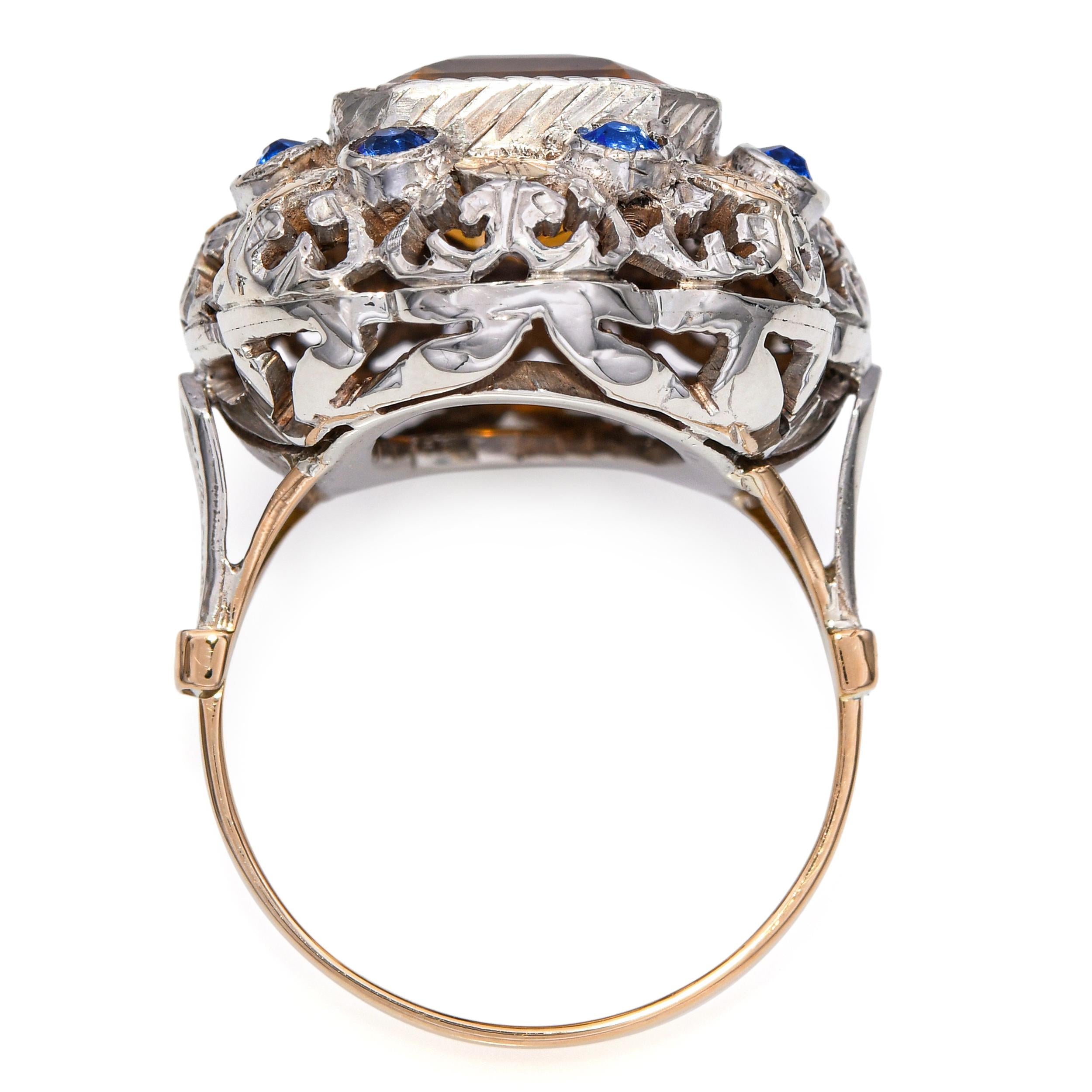 Antique Victorian 18k Yellow Gold and Silver Citrine and Paste Cocktail Ring