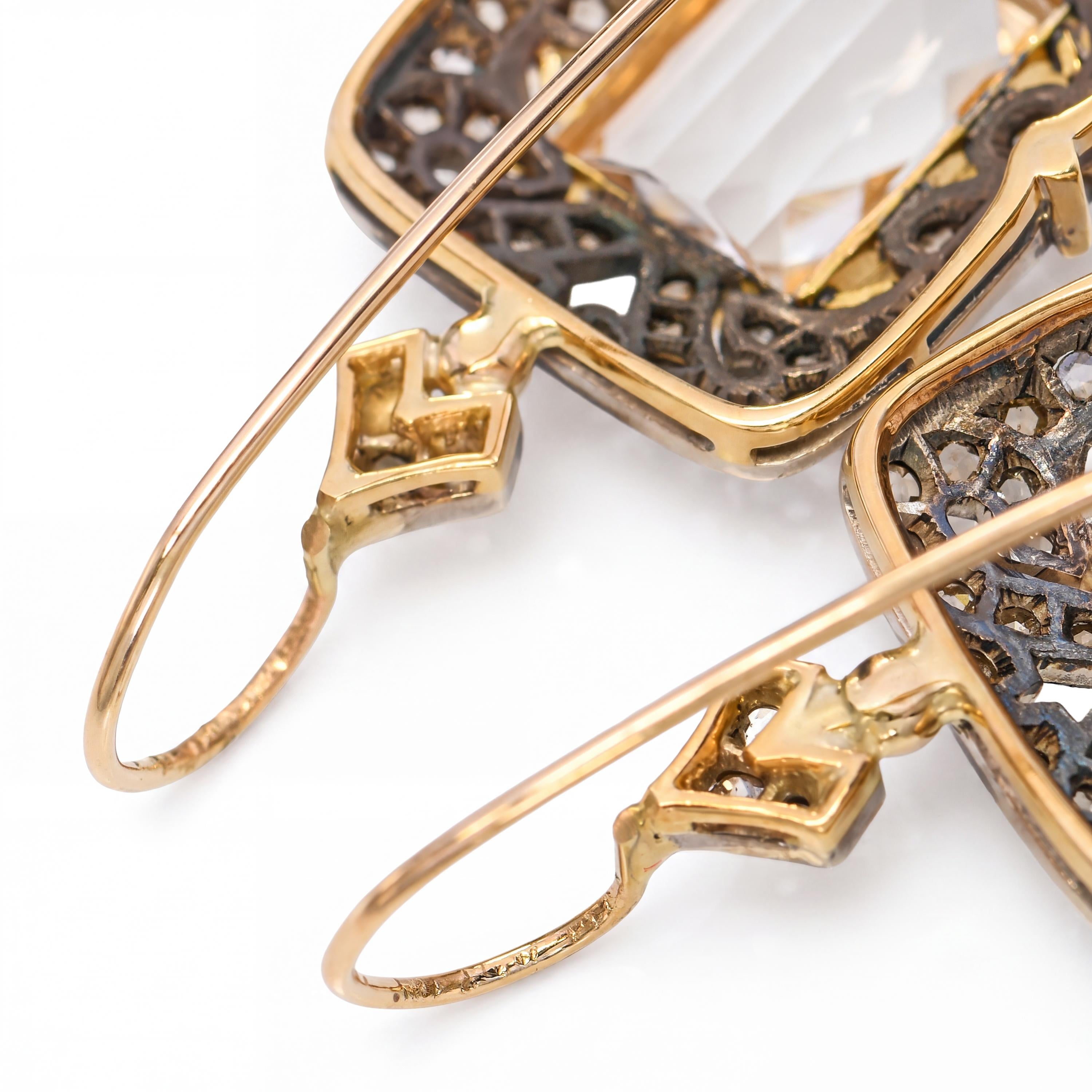 Vintage Silver Topped 14K Gold Quartz and Rose Cut Diamond Earrings