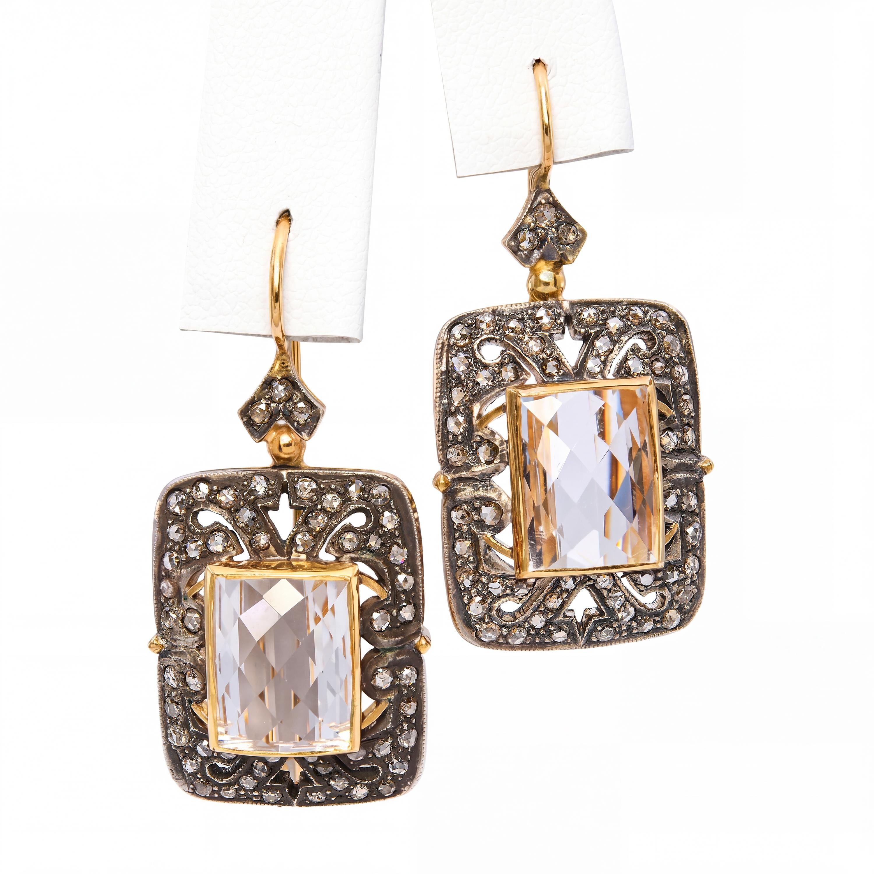Vintage Silver Topped 14K Gold Quartz and Rose Cut Diamond Earrings