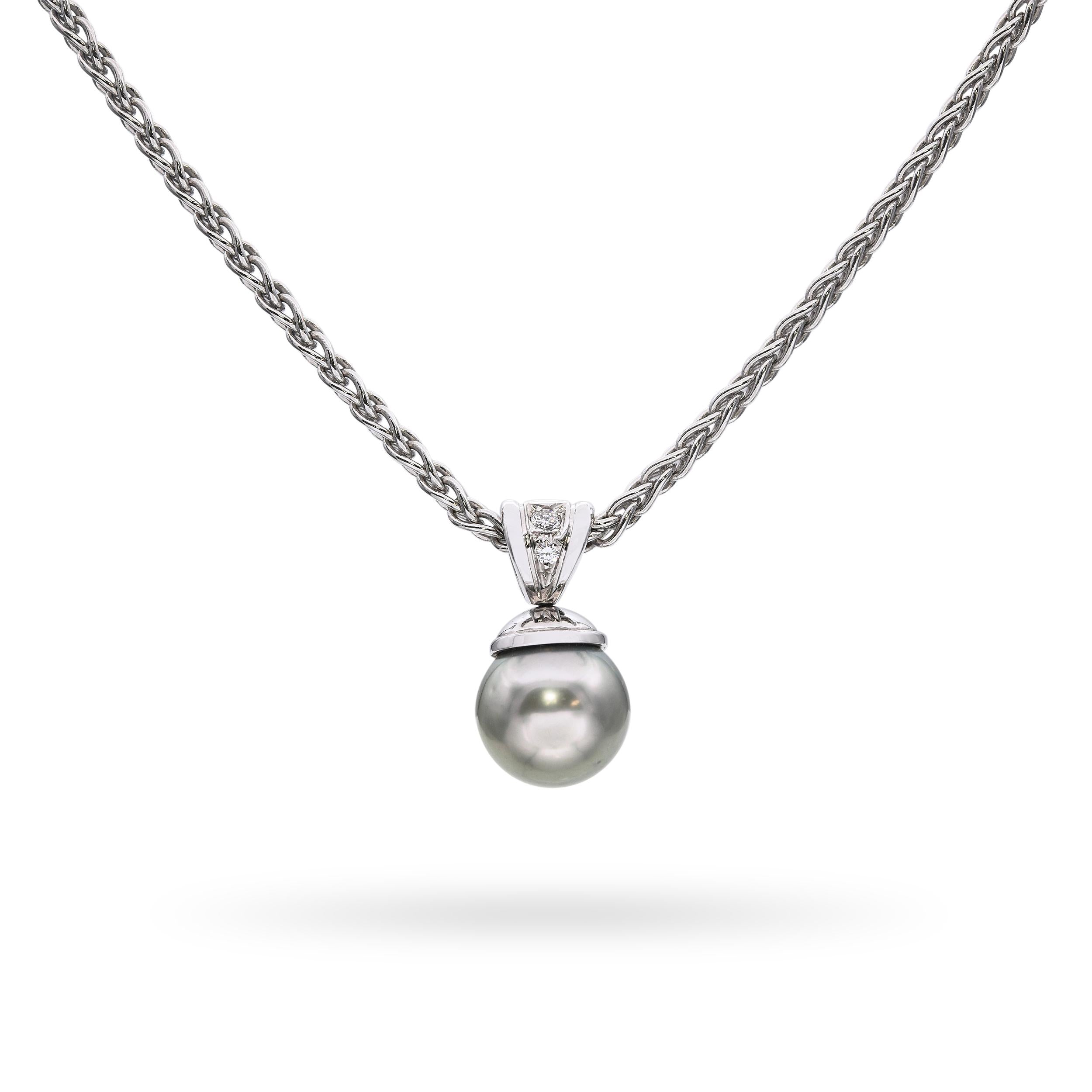 18k White Gold 9.8mm Tahitian Pearl and Diamond Pendant Necklace