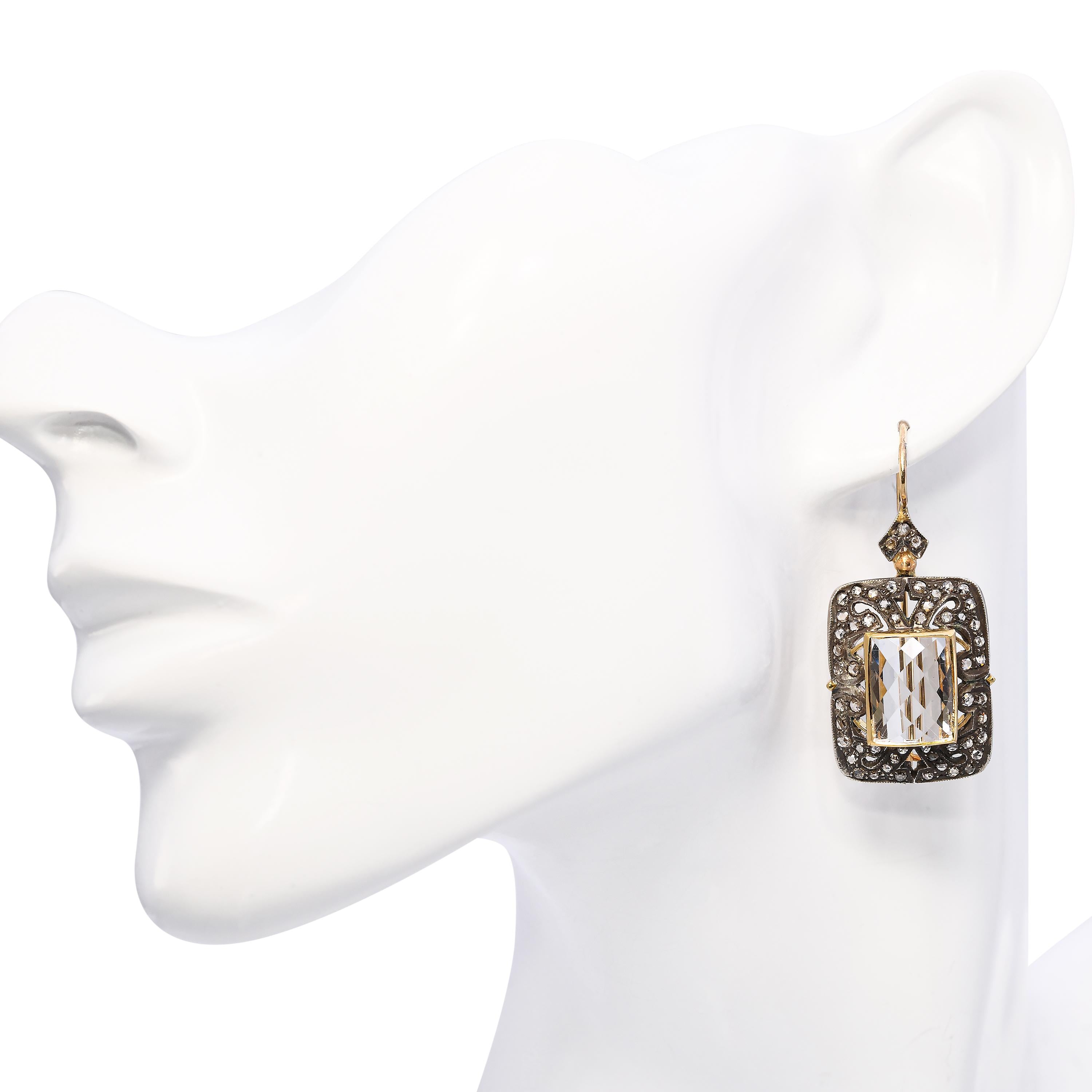 Vintage Silver Topped 14K Gold Quartz and Rose Cut Diamond Earrings