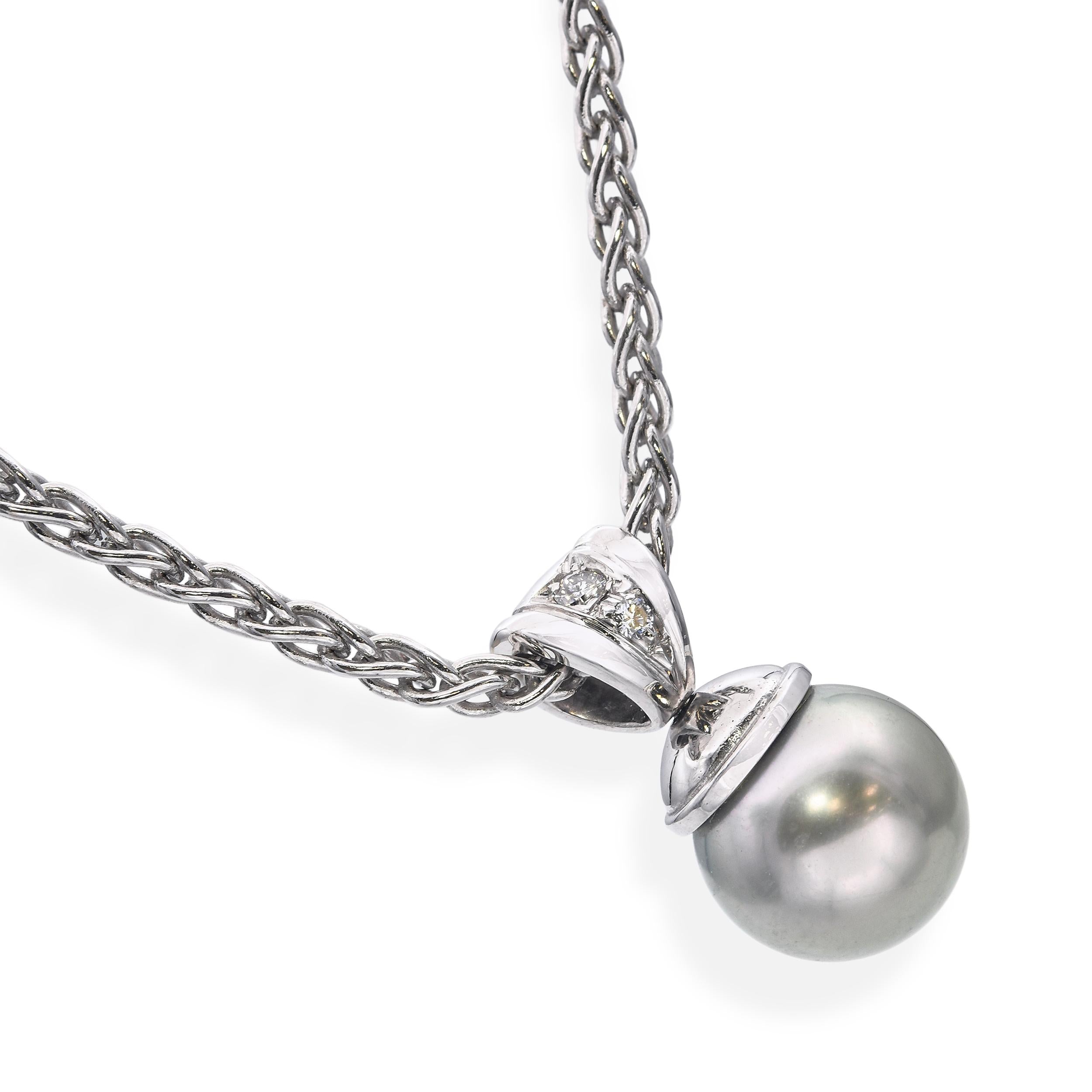 18k White Gold 9.8mm Tahitian Pearl and Diamond Pendant Necklace