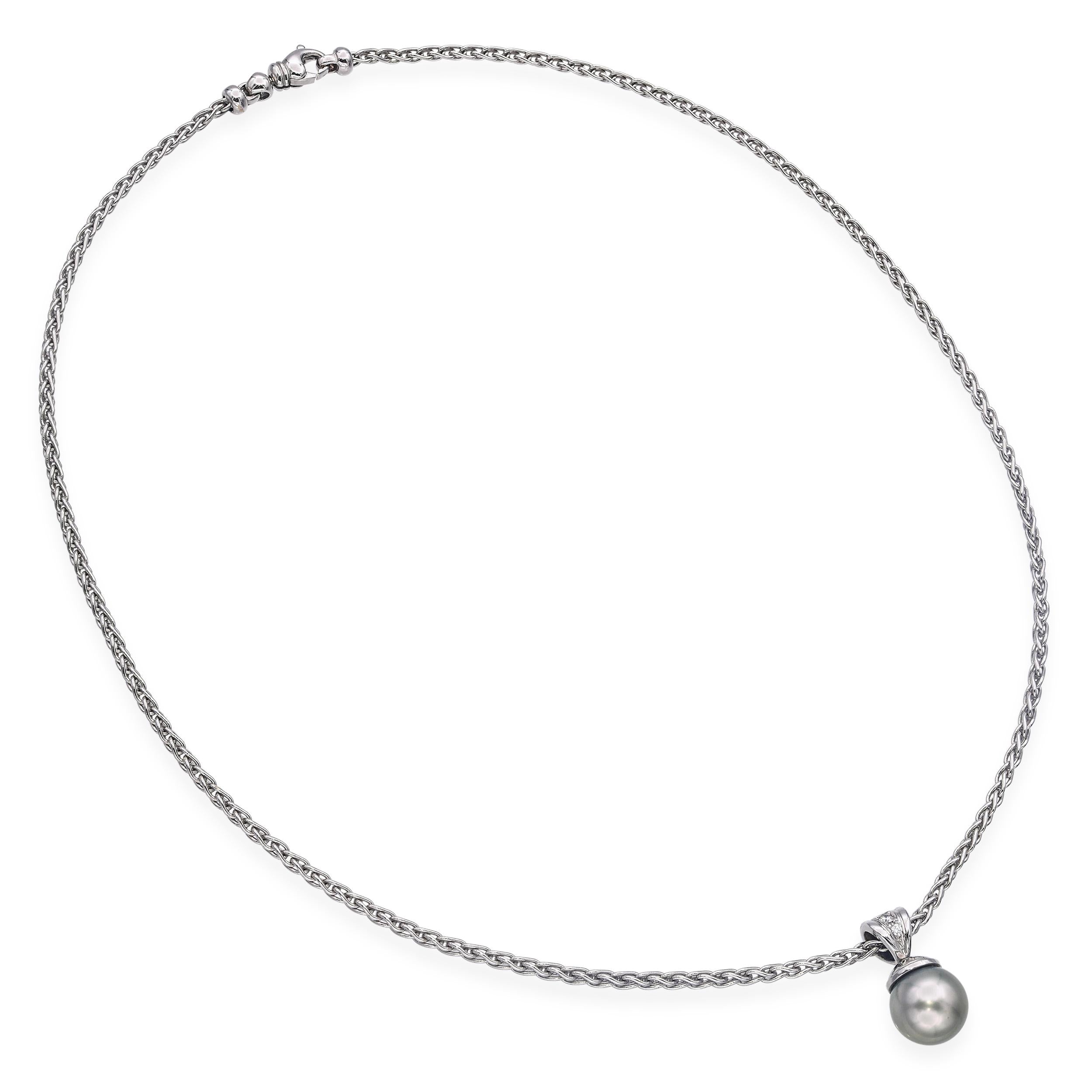 18k White Gold 9.8mm Tahitian Pearl and Diamond Pendant Necklace