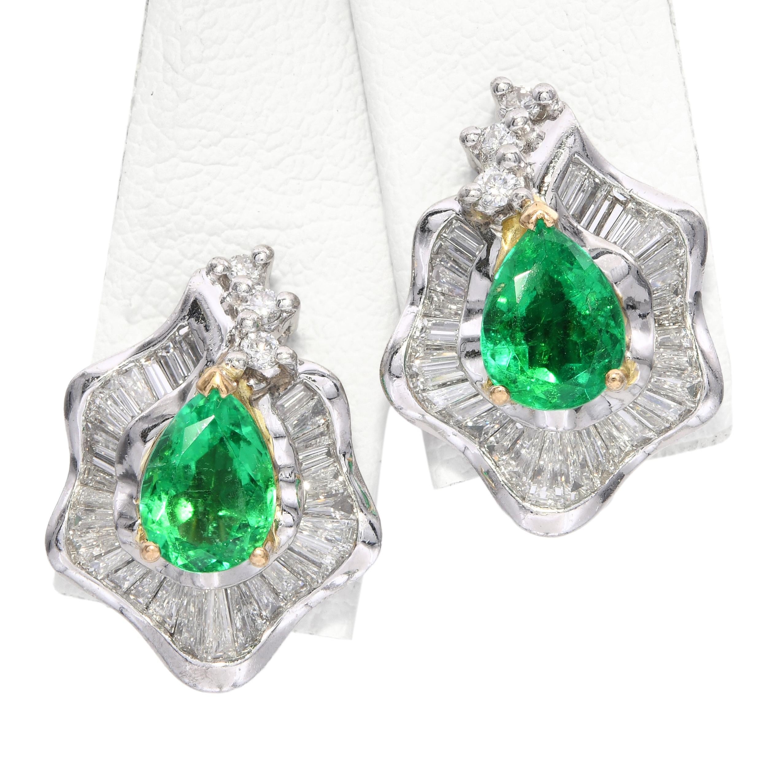 18k White Gold & Platinum Emerald and Diamond Earrings