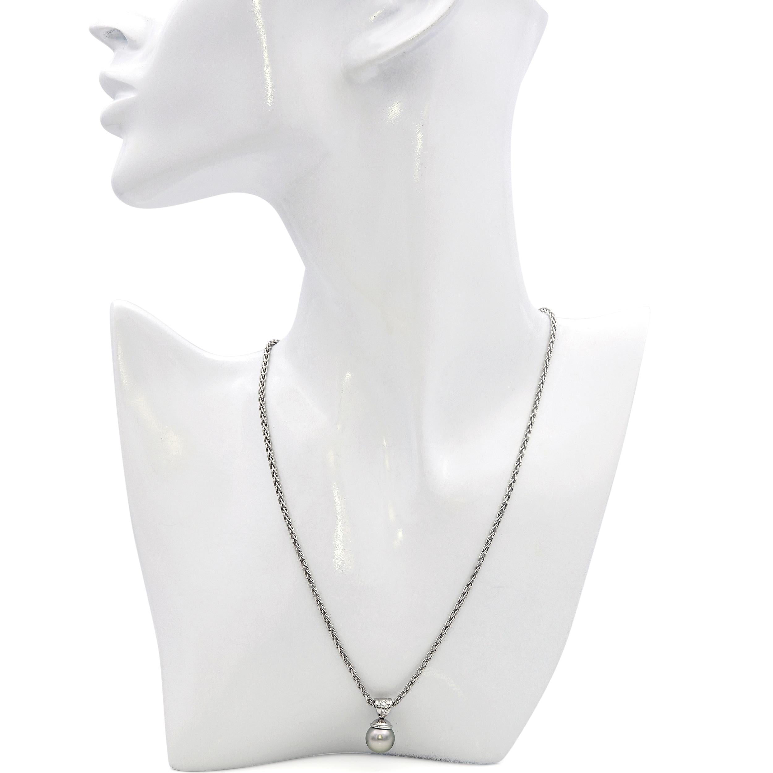 18k White Gold 9.8mm Tahitian Pearl and Diamond Pendant Necklace