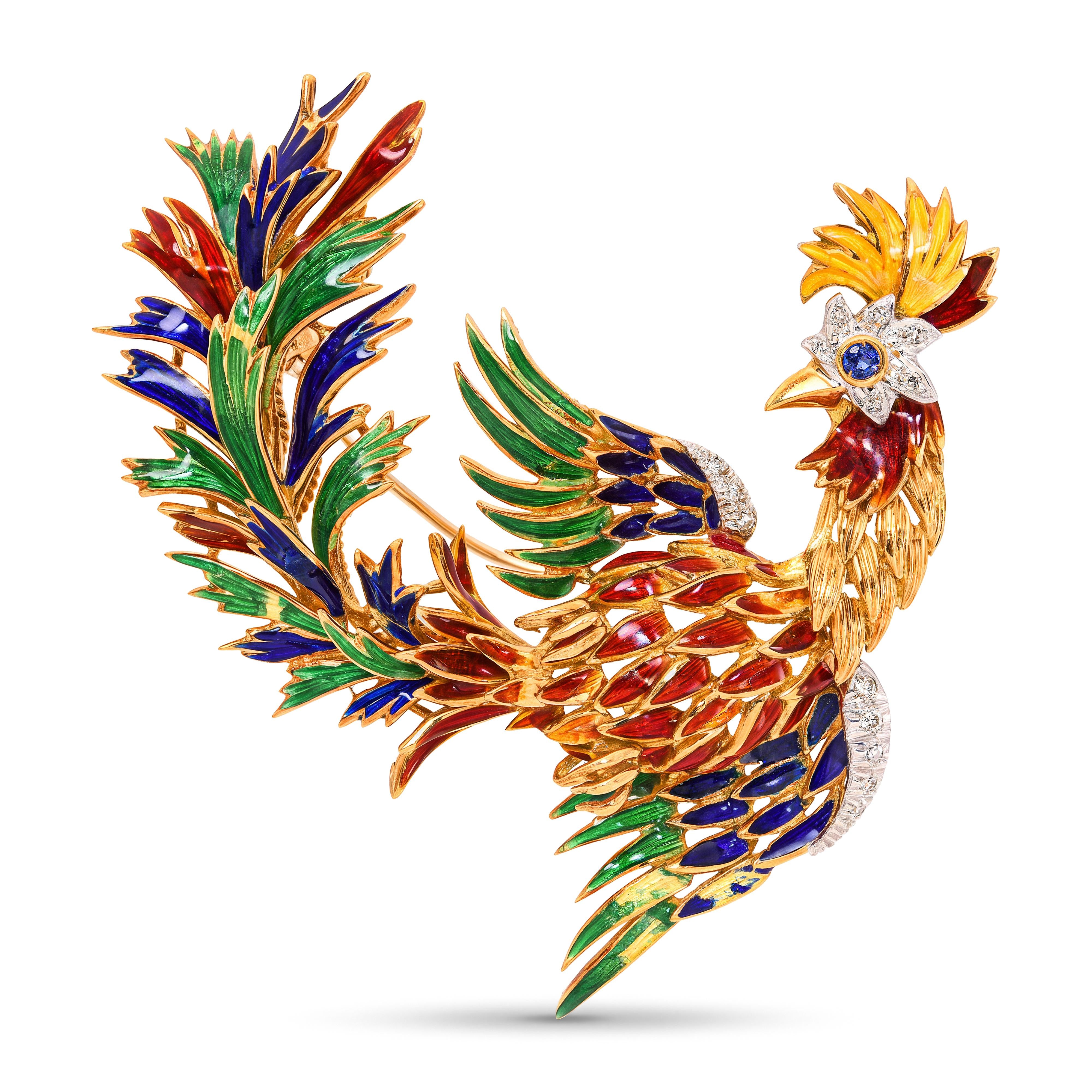Vintage Italian 18k Yellow Gold Enamel Rooster Diamond & Sapphire Accent Brooch