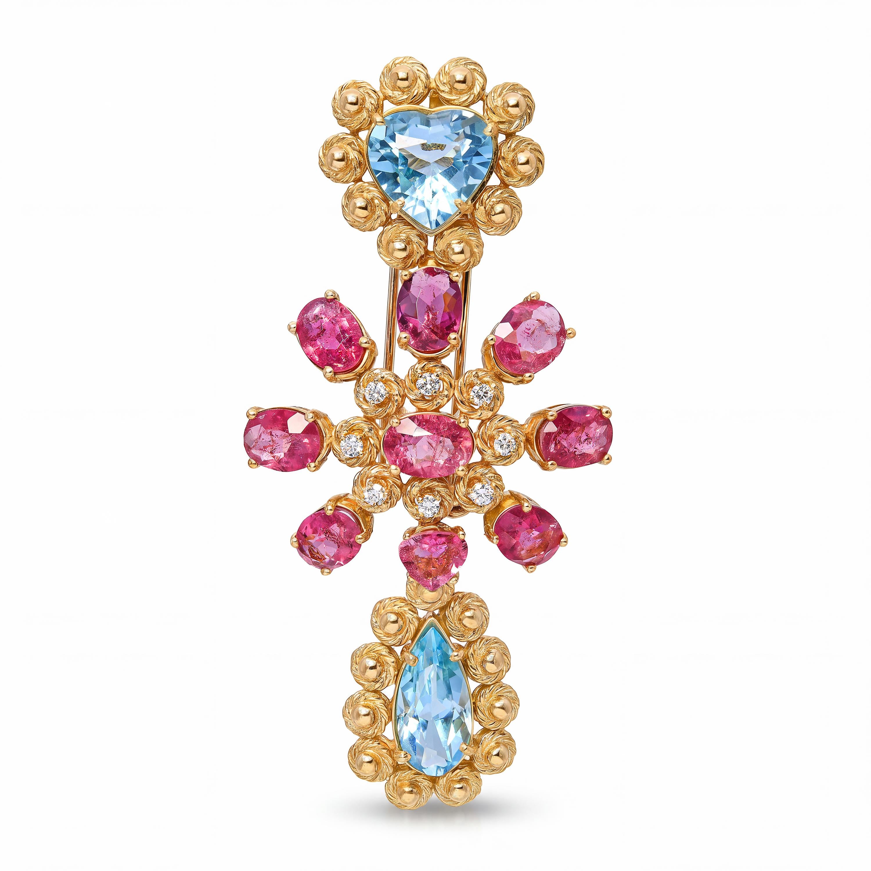 Vintage 18k Yellow Gold Topaz Tourmaline & Diamond Brooch