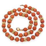 Vintage 14k Yellow Gold 9.5mm Red Coral Beaded Strand Necklace