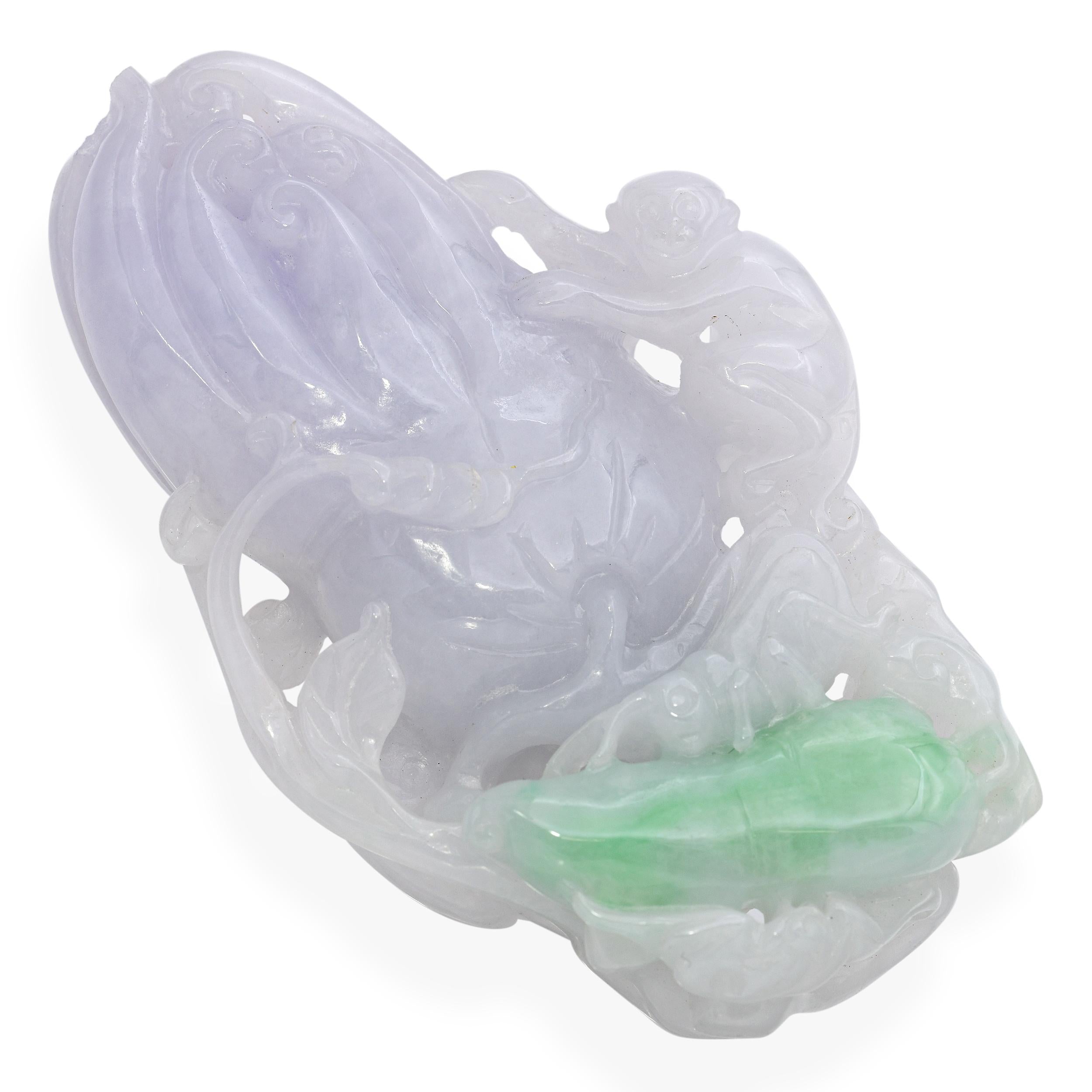 Vintage Grade A Lavender Jade Finger Citron Monkey and Grasshopper Carving