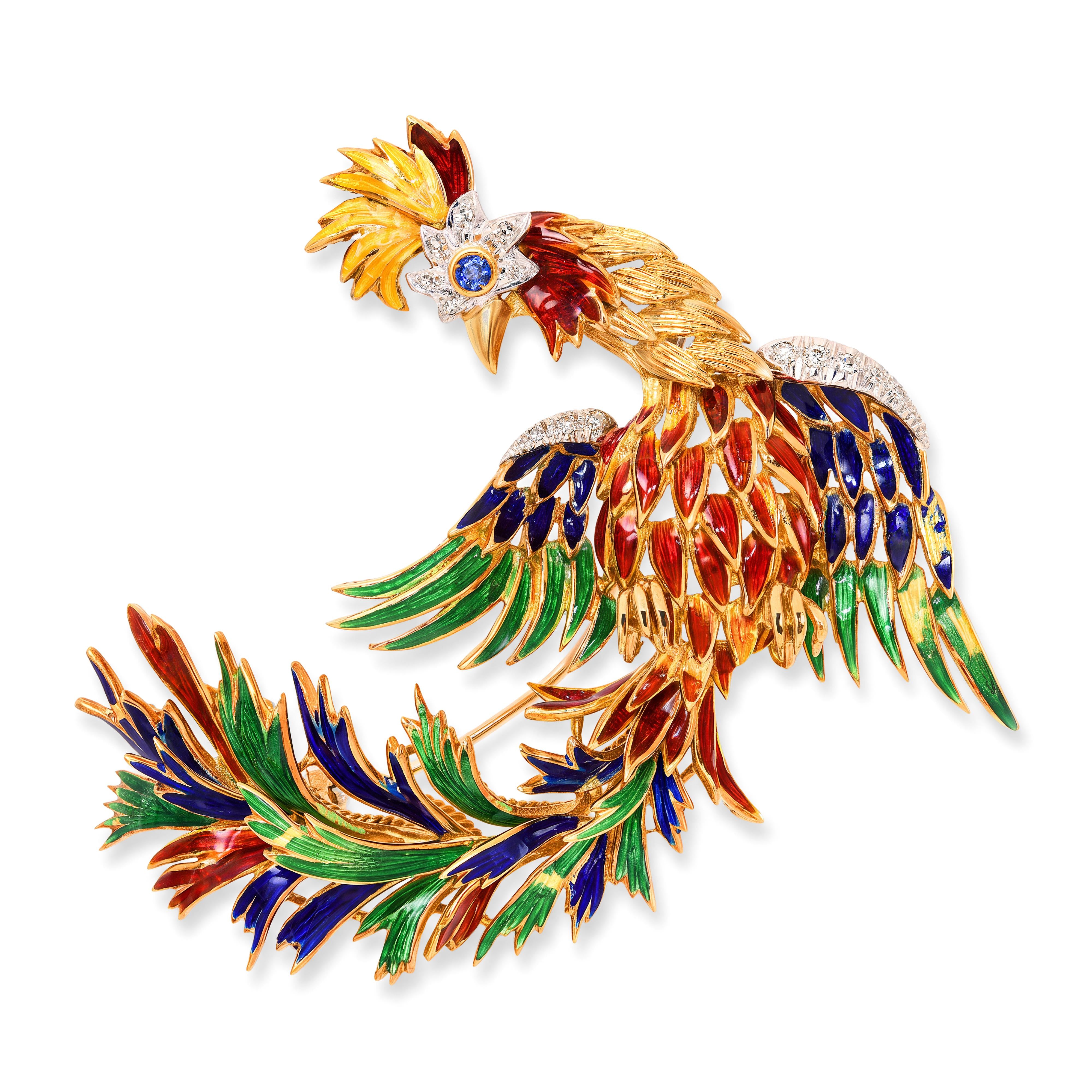 Vintage Italian 18k Yellow Gold Enamel Rooster Diamond & Sapphire Accent Brooch